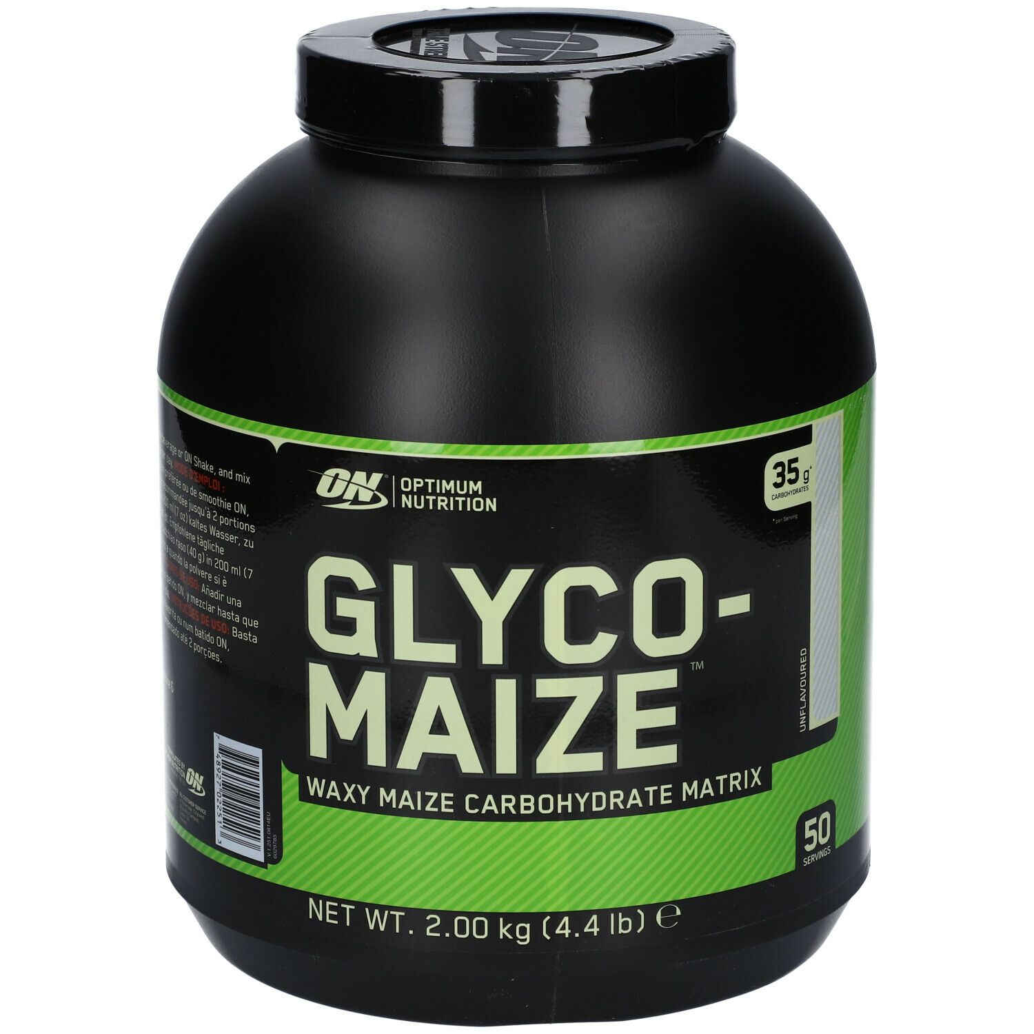 Schwarzer Behälter mit grünem Etikett. Aufschrift: Glyco-Maize, Waxy Maize Carbohydrate Matrix. Marke: Optimum Nutrition. 2.00 kg.
