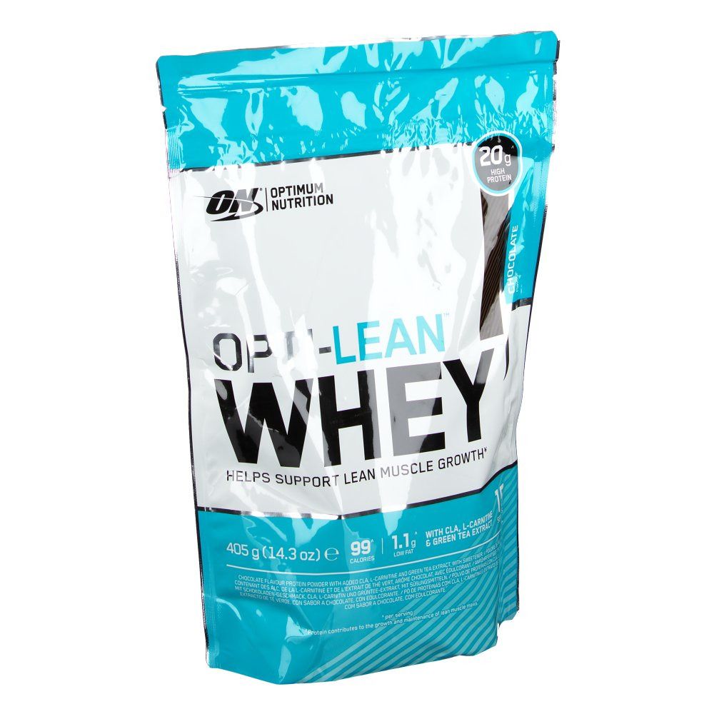 Beutel Optimum Nutrition Opti-Lean Whey. Enthält 20g Protein. 405g Packung. Hilft beim Muskelaufbau. Mit CLA, L-Carnitin & Grüntee-Extrakt.