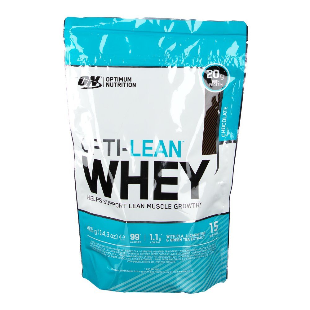 Opti-Lean Whey Beutel, Schokolade. Enthält 20g Protein. 15 Portionen. Hilft beim Muskelaufbau. Mit CLA, L-Carnitin & Grüntee-Extrakt.