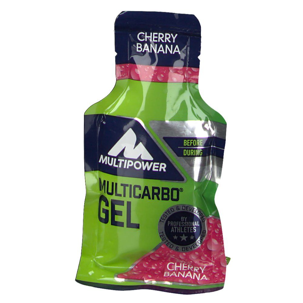 Gel-Packung, grün und rot, mit Aufschrift 'Multipower Multicarbo Gel, Kirsche-Banane'. Enthält Logo und Text. Vorne und hinten sichtbar.