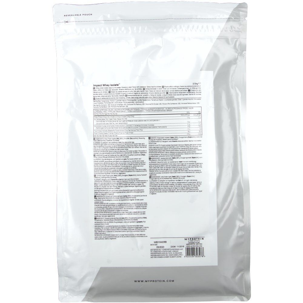 Rückseite des weißen Beutels 'Impact Whey Isolate'. Enthält Informationen zu Nährwerten und Inhaltsstoffen. Mit Barcode.