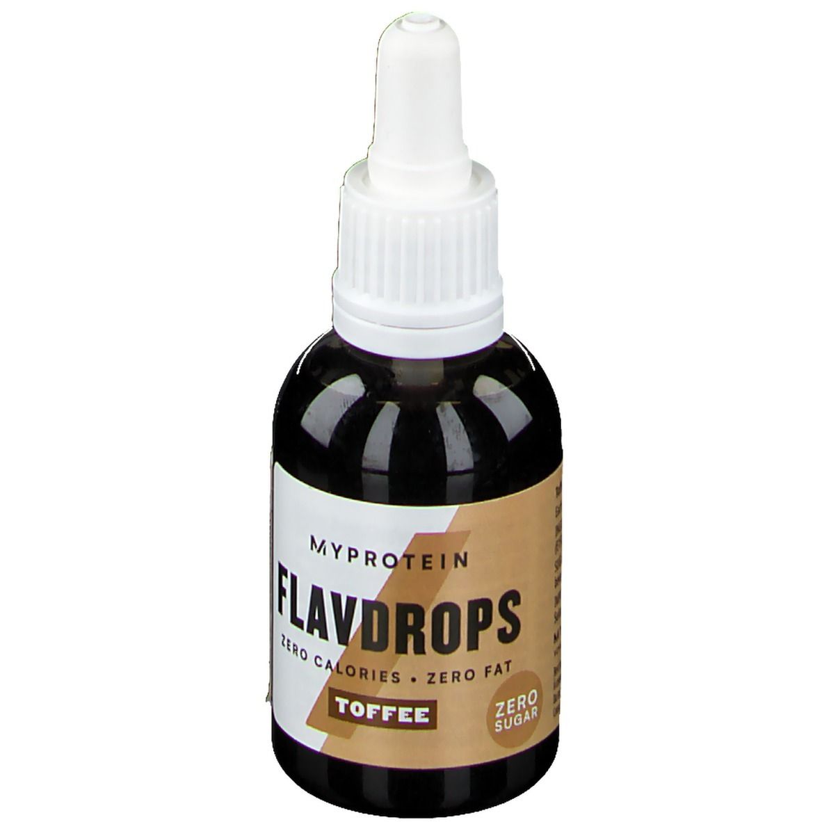 Braune Flasche mit weißem Deckel. Aufschrift: Myprotein FlavDrops, Toffee, Zero Calories, Zero Fat, Zero Sugar.