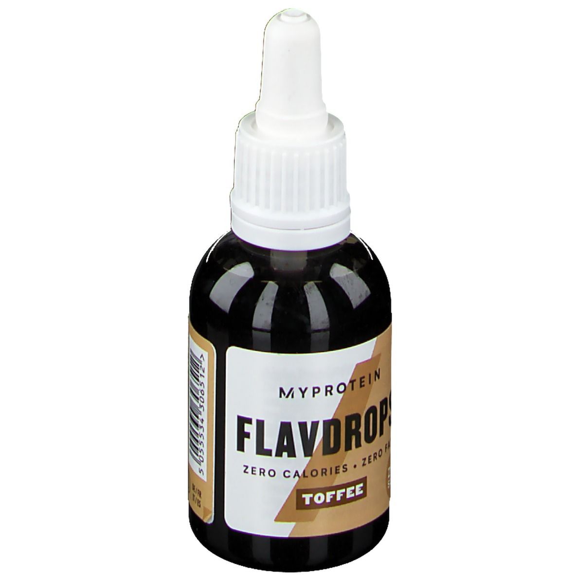 Braune Flasche mit weißem Deckel. Aufschrift: Myprotein FlavDrops, Toffee, Zero Calories, Zero Fat.