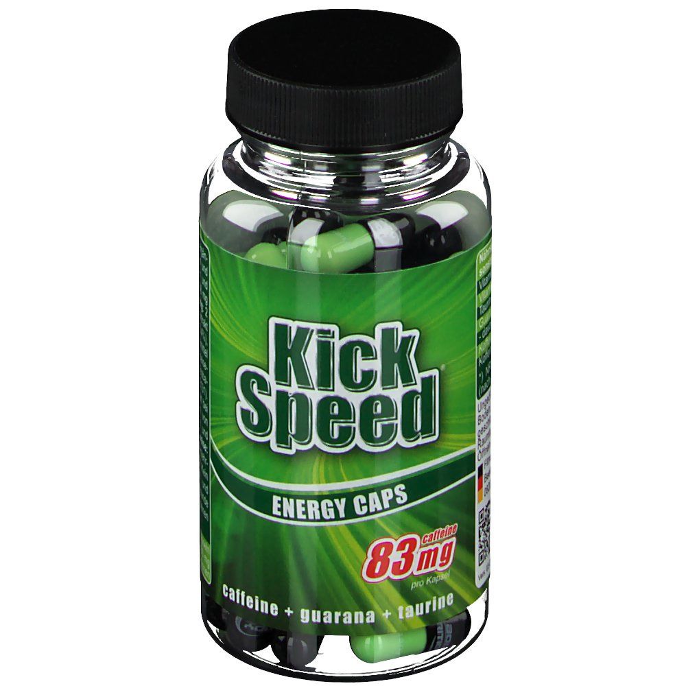 Klare Flasche mit schwarzen und grünen Kapseln. Aufkleber mit "Kick Speed" und "Energy Caps". Enthält 83mg Koffein.