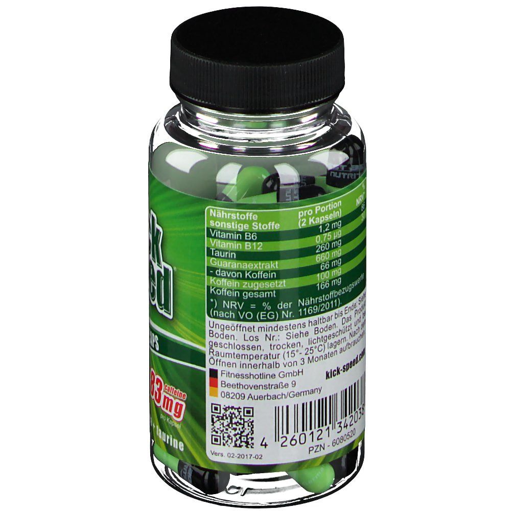 Rückansicht der Flasche mit grünen und schwarzen Kapseln. Etikett mit Nährwertangaben und Inhaltsstoffen. Enthält Koffein.
