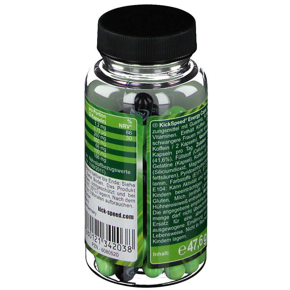 Rückansicht der Flasche mit grünen und schwarzen Kapseln. Etikett mit Nährwertangaben und Inhaltsstoffen. Enthält Koffein.