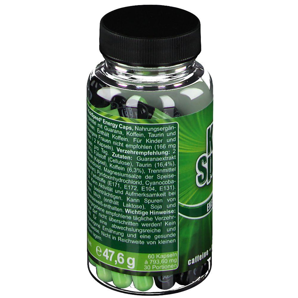 Flasche mit grünen und schwarzen Kapseln. Etikett mit Inhaltsstoffen und Nährwertangaben. Enthält 60 Kapseln.