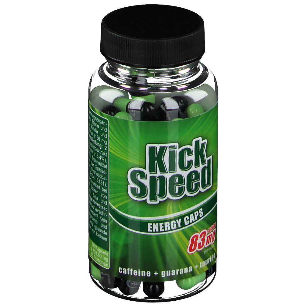 Klare Flasche mit grünen und schwarzen Kapseln. Etikett mit "Kick Speed" und "Energy Caps". Enthält 83mg Koffein.