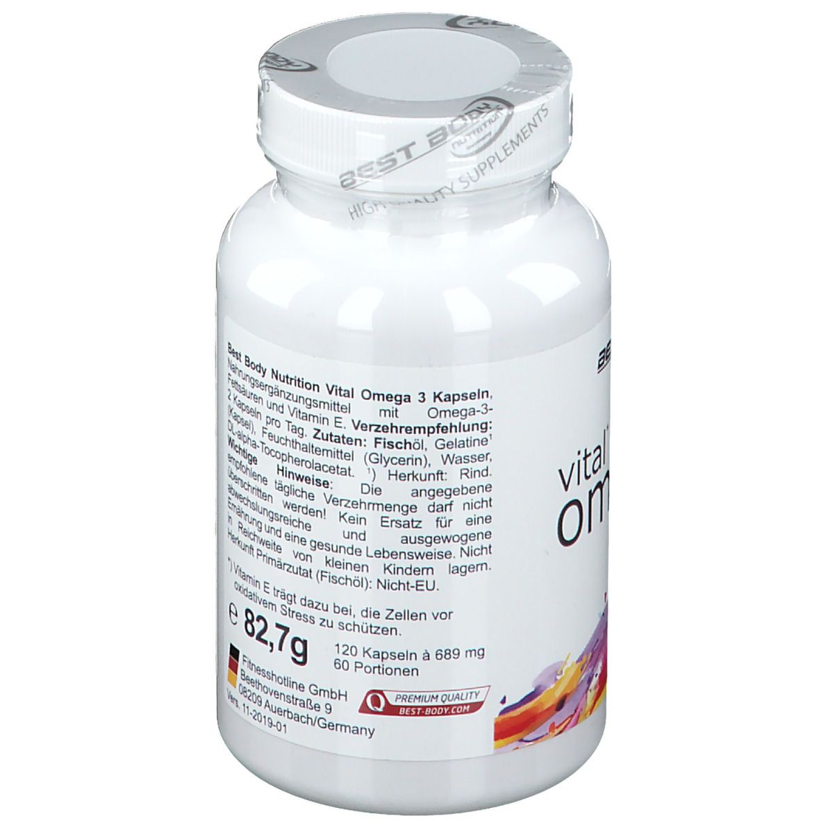 Weiße Flasche mit Omega 3 Kapseln. Enthält Informationen zu Inhaltsstoffen und Dosierung.
