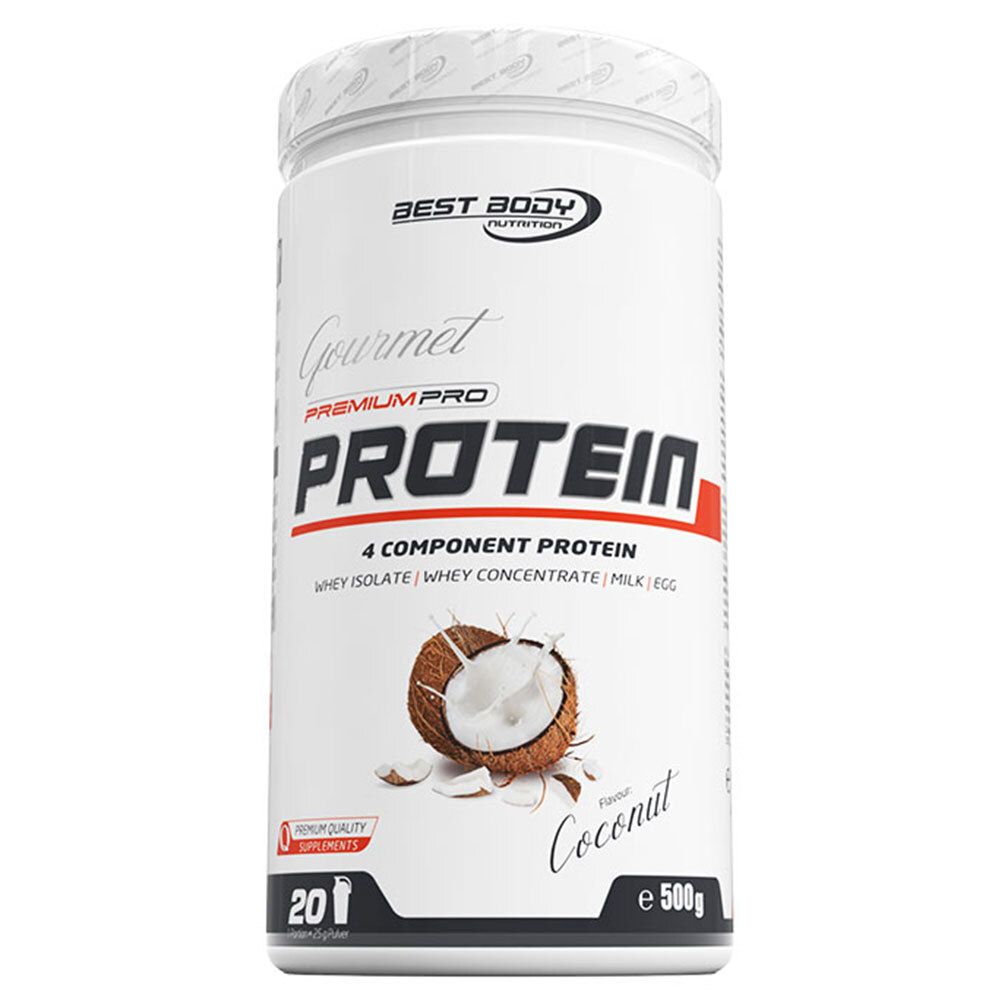 Weißes Protein-Pulver-Behälter mit Deckel. Aufschrift: Best Body Nutrition, Premium Pro Protein, Kokosnuss-Geschmack.