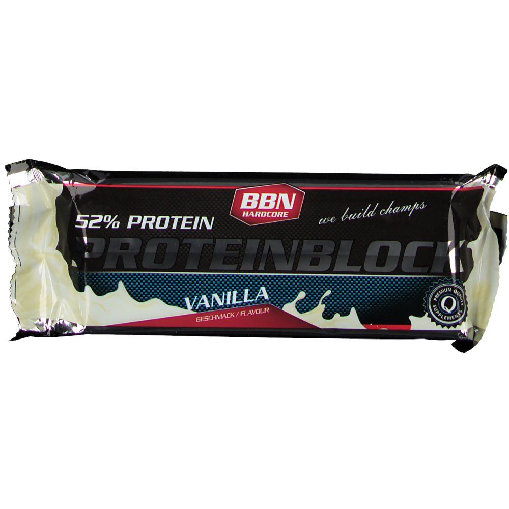 Barre protéinée emballée. Inscription : 52% de protéines, Proteinblock Vanille, BBN Hardcore. Sceau.