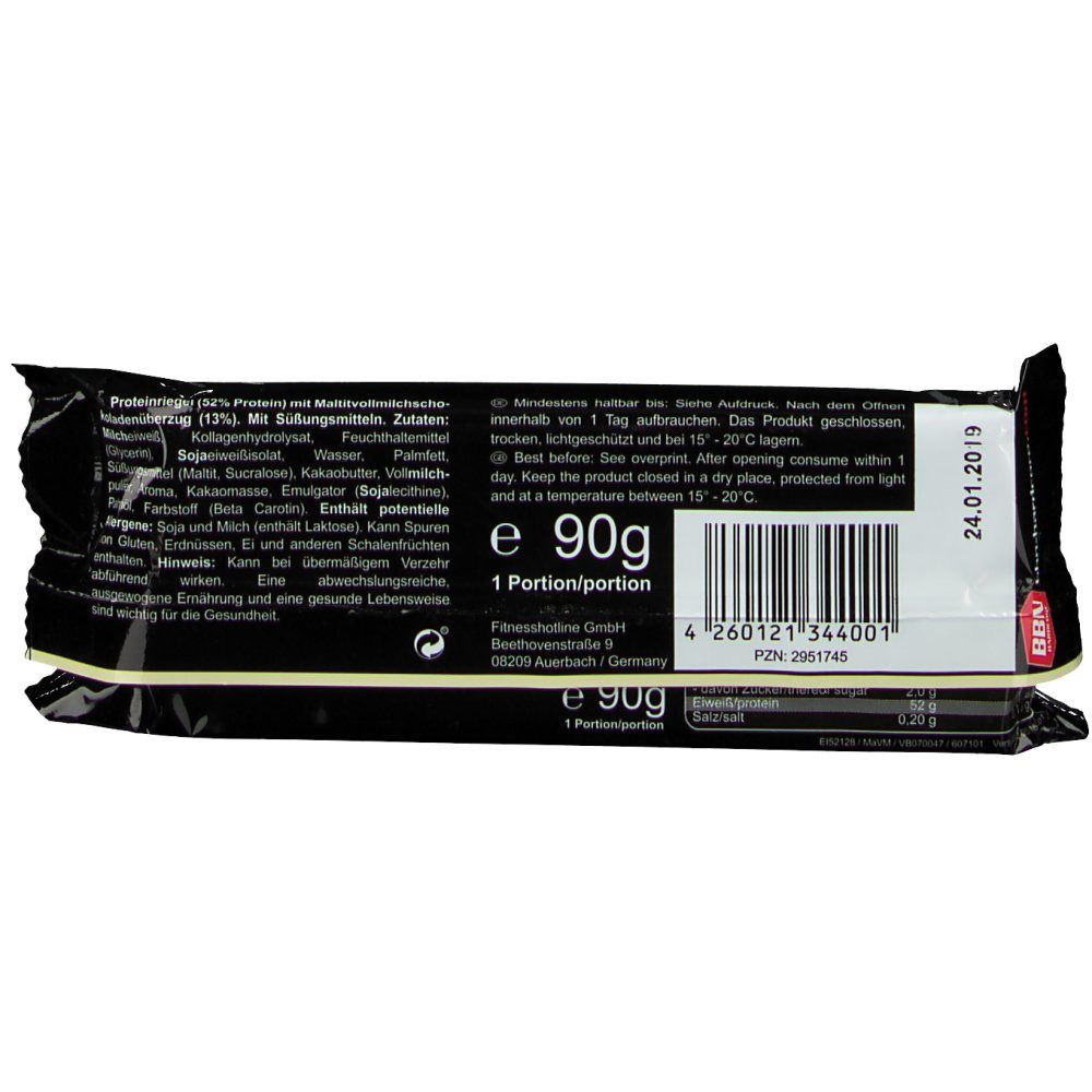 Dos de la barre protéinée. Texte et informations nutritionnelles. Inscription : e 90g, 1 portion/portion. Code-barres.