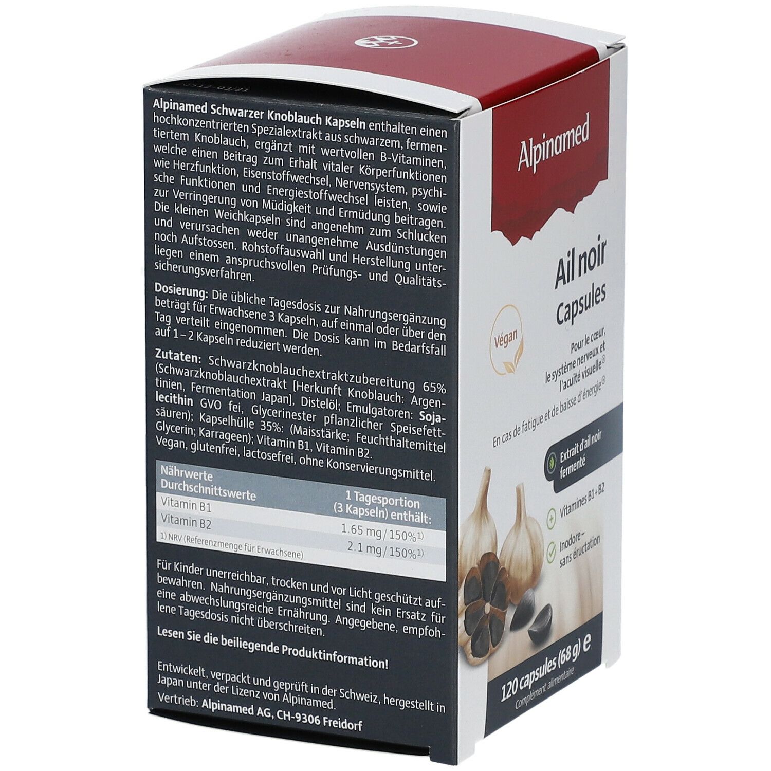 ALPINAMED® Schwarzer Knoblauch Kapseln. Weiße Schachtel mit Produktinformationen. Vegan-Siegel. 120 Kapseln.
