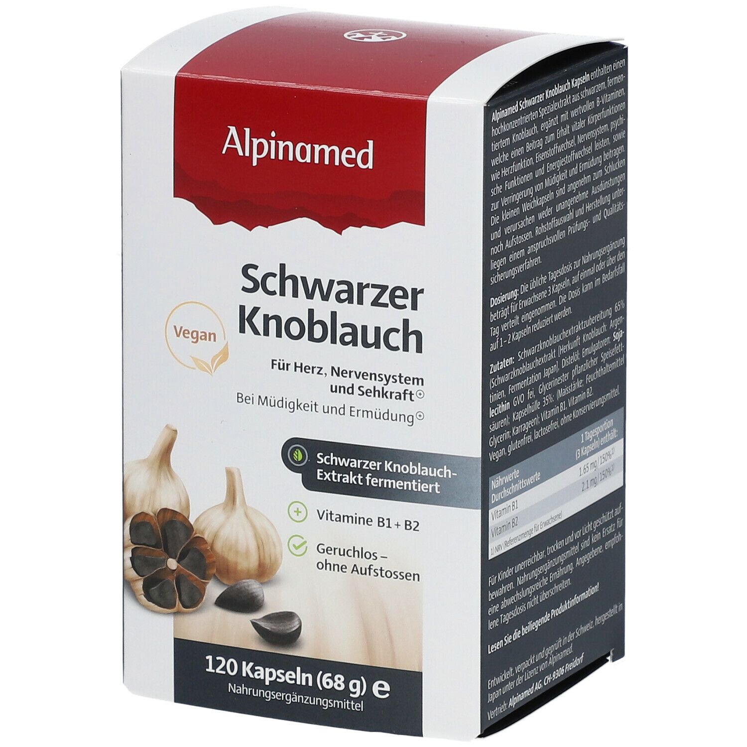 ALPINAMED® Schwarzer Knoblauch. Weiße Schachtel mit Produktabbildung und Text. Vegan-Siegel. 120 Kapseln.