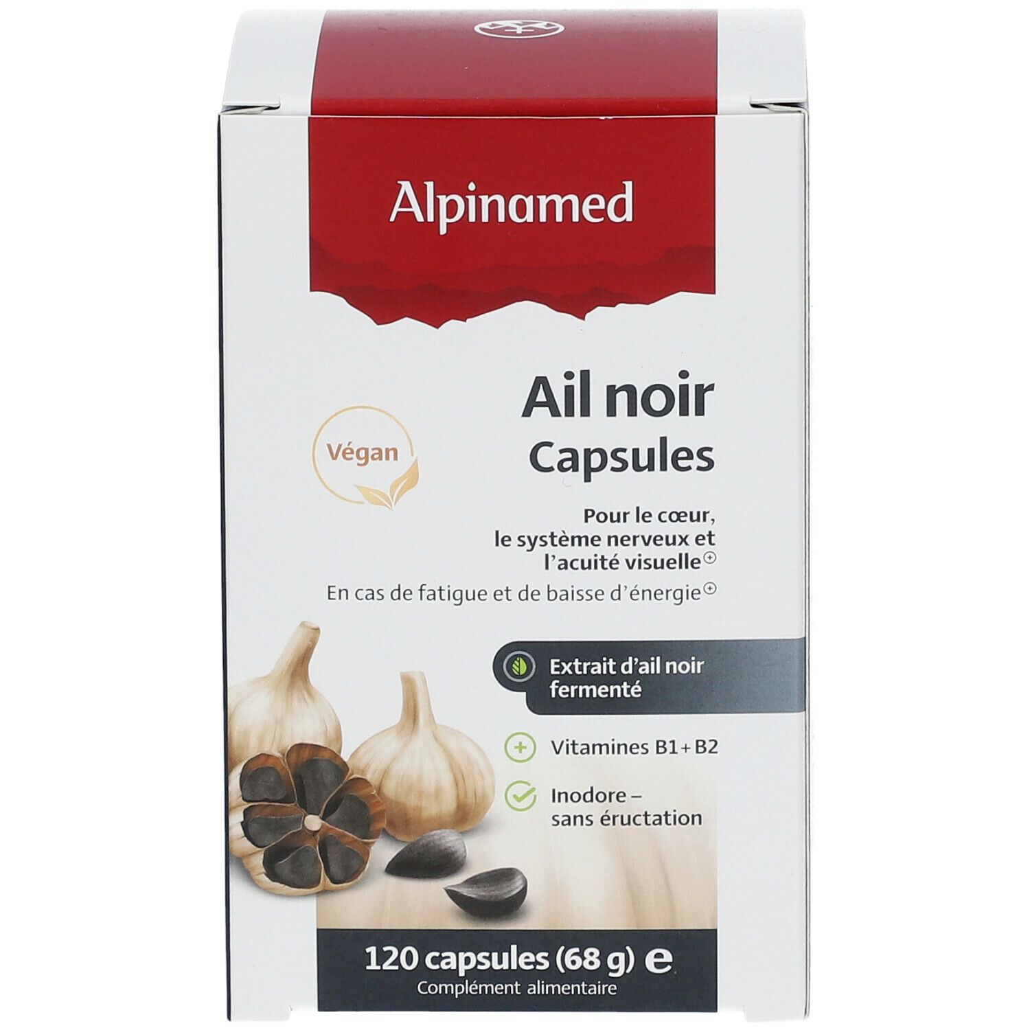 ALPINAMED® Ail noir Capsules. Weiße Schachtel mit Produktabbildung und Text. Vegan-Siegel. 120 Kapseln.