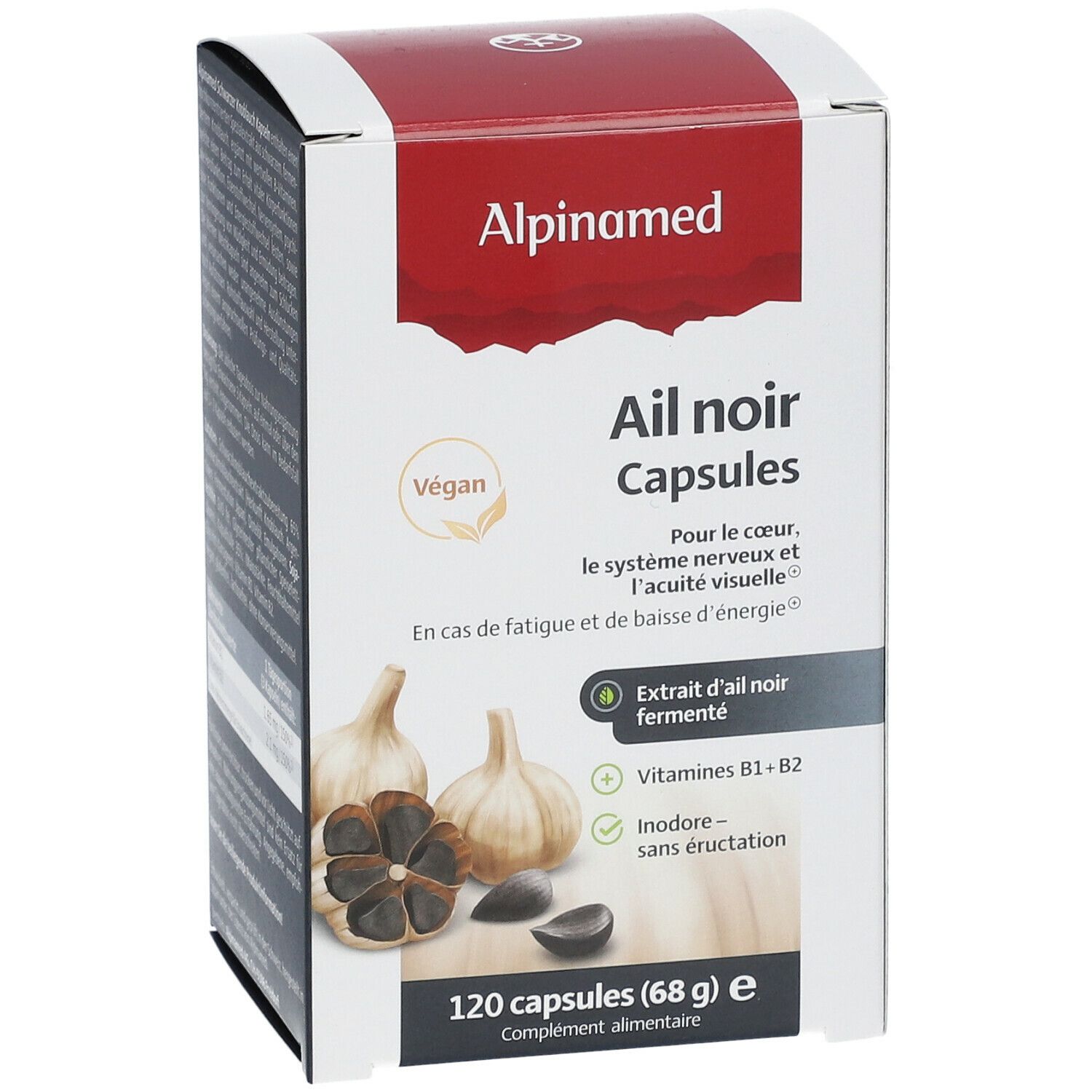 ALPINAMED® Ail noir Capsules. Weiße Schachtel mit Produktabbildung und Text. Vegan-Siegel. 120 Kapseln.