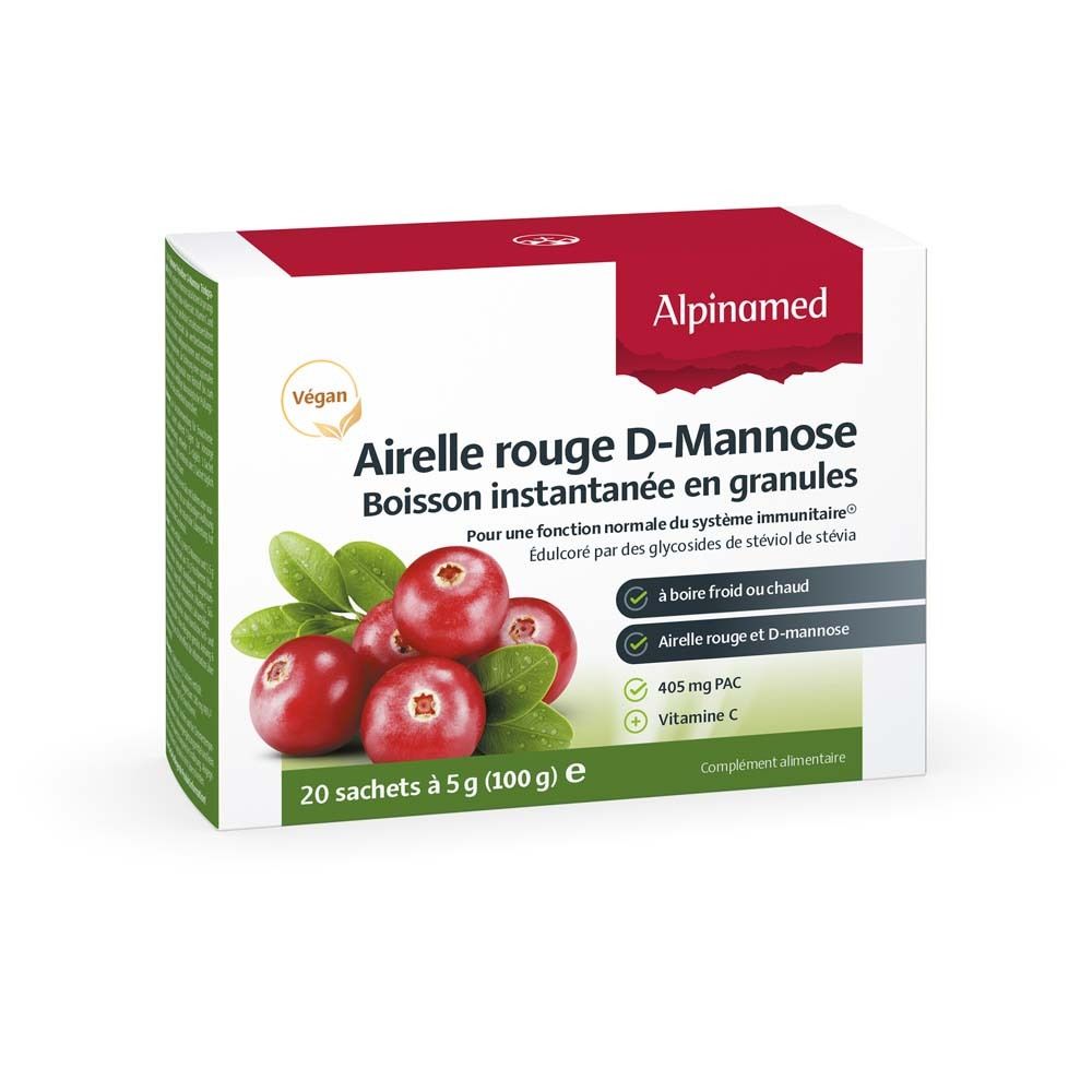 Boîte de Alpinamed Airelle rouge D-Mannose Boisson instantanée en granules. 20 sachets. Vegan.