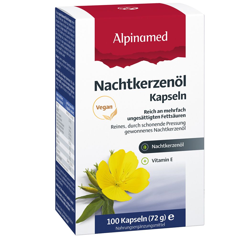 Alpinamed Nachtkerzenöl Kapseln. Weiße Schachtel mit rotem Deckel. Vegan-Siegel. 100 Kapseln. Abbildung einer gelben Blume.