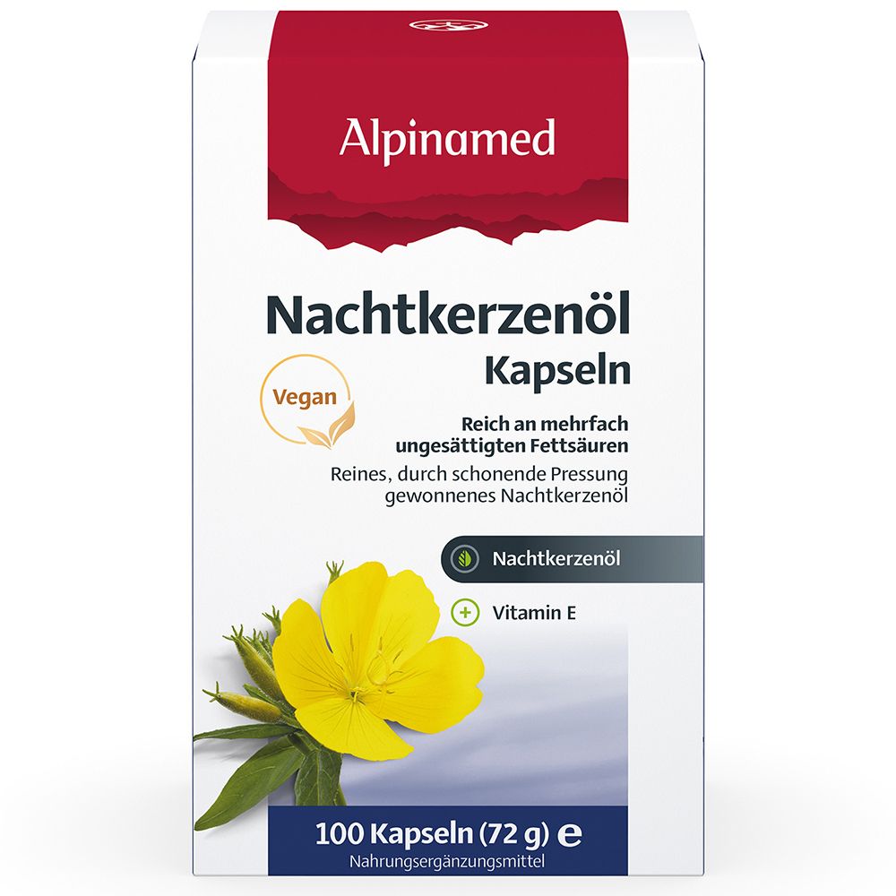 Alpinamed Nachtkerzenöl Kapseln. Weiße Schachtel. Vegan-Siegel. 100 Kapseln. Abbildung einer gelben Blume.