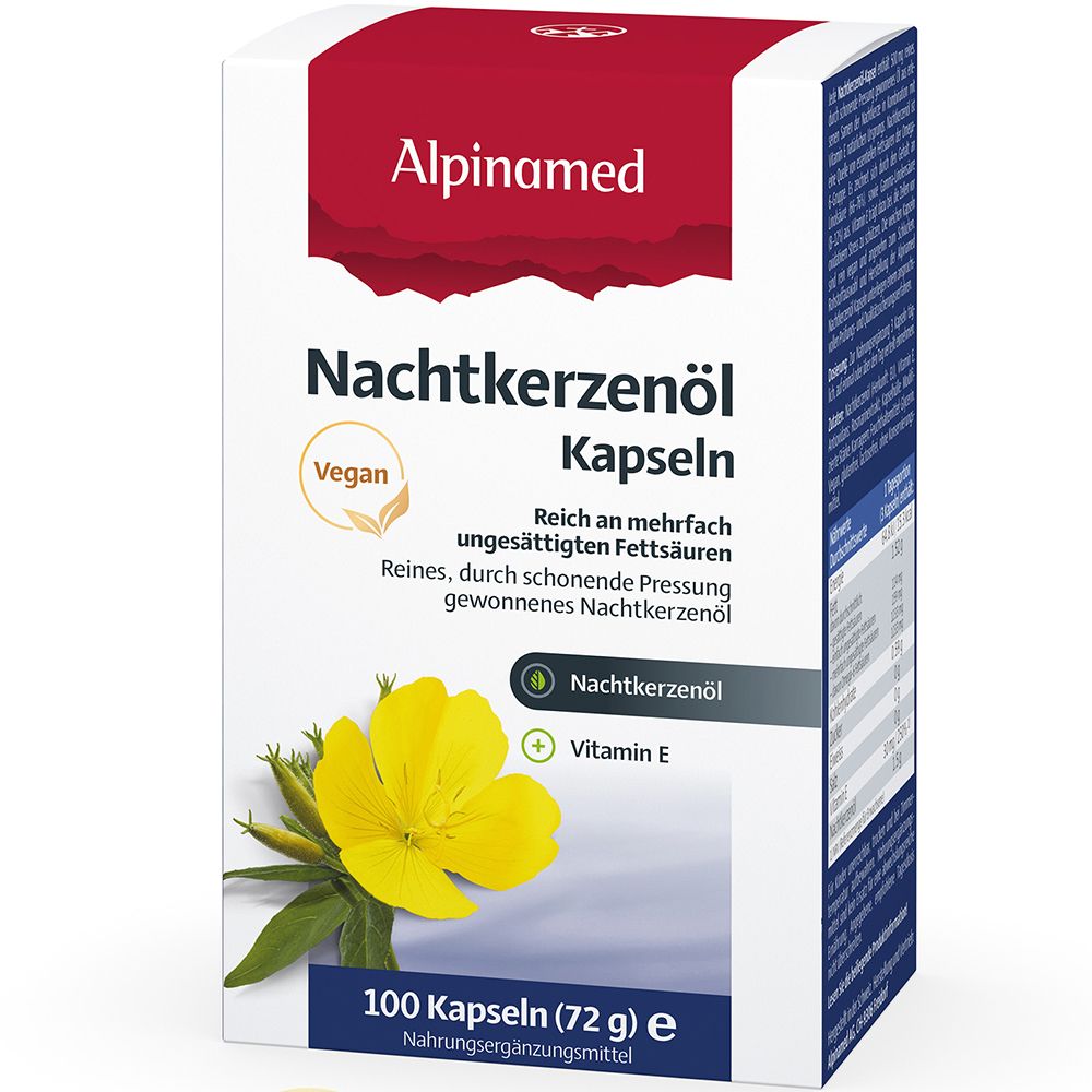 Alpinamed Nachtkerzenöl Kapseln. Weiße Schachtel. Vegan-Siegel. 100 Kapseln. Abbildung einer gelben Blume.