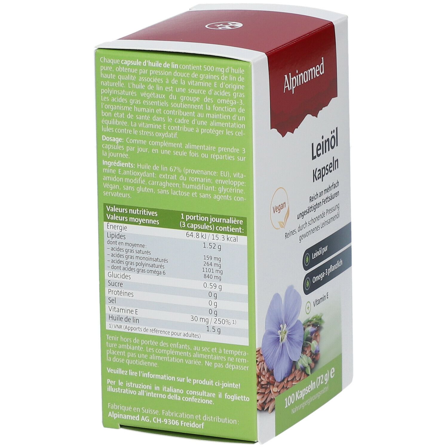Alpinamed Leinöl Kapseln, Verpackung mit Nährwertangaben und Inhaltsstoffen. 100 Kapseln. Vegan. Enthält Omega-3 und Vitamin E.