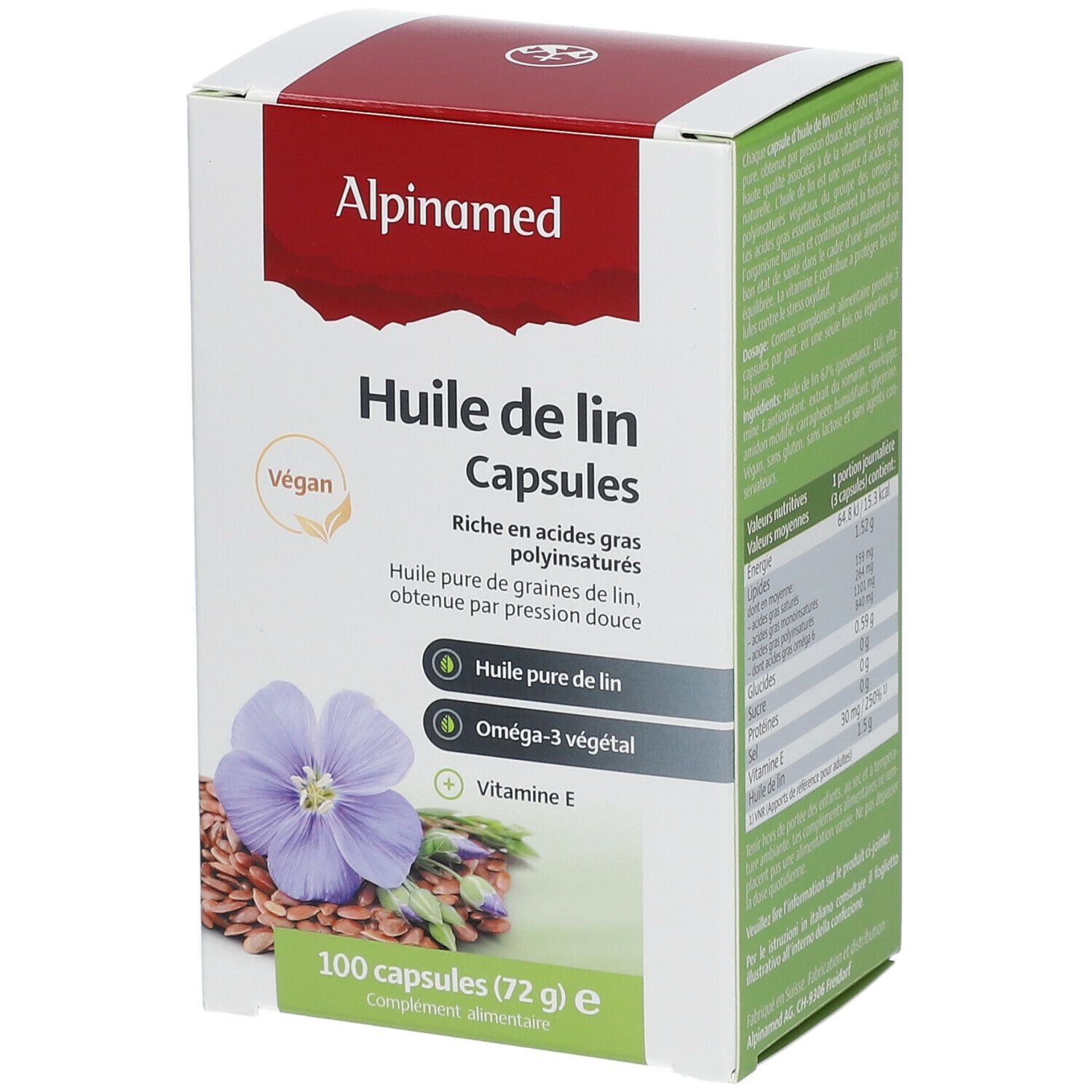 Alpinamed Hülle de lin Capsules, 100 Kapseln. Vegan. Enthält Omega-3 und Vitamin E. Abbildung einer Blume und Leinsamen.