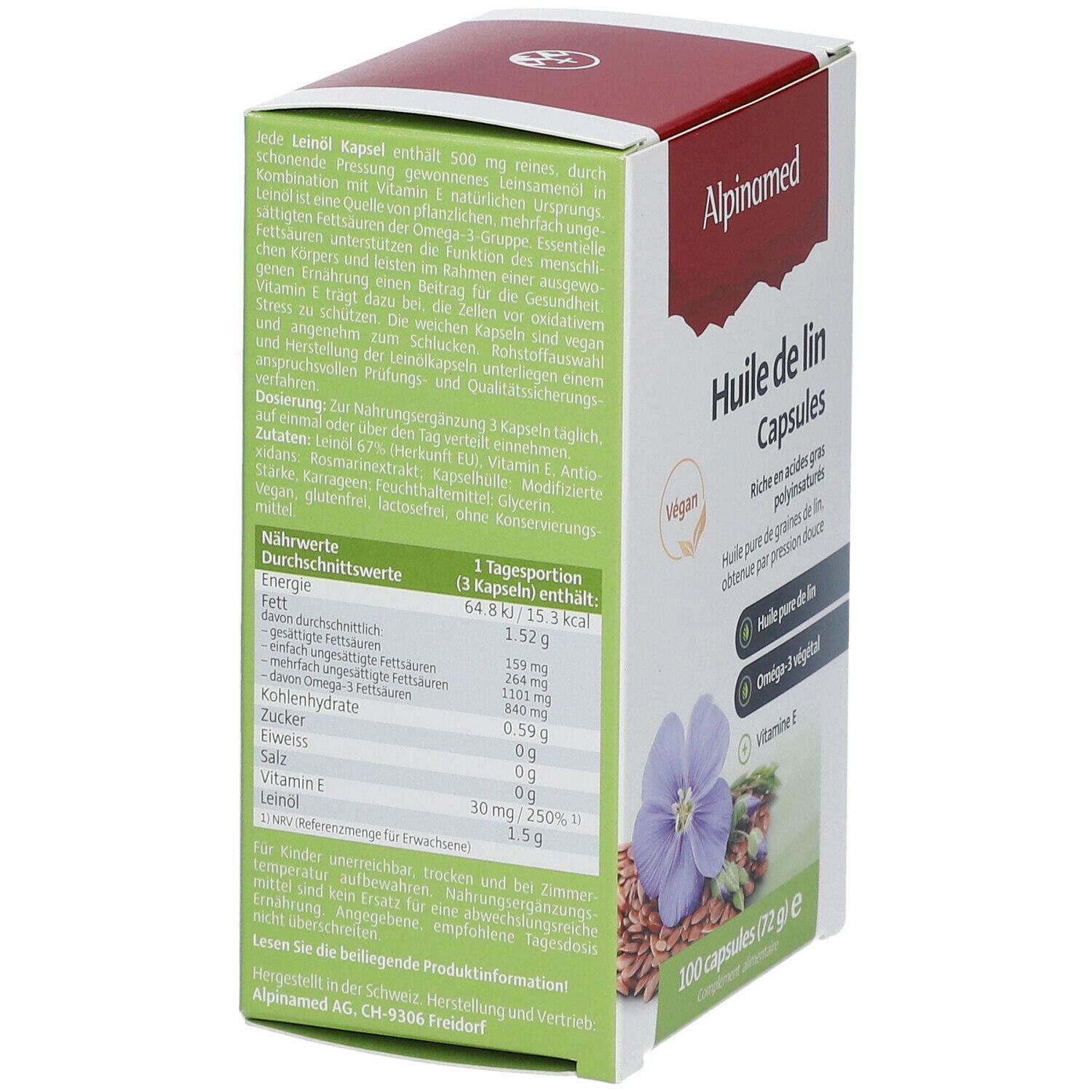 Alpinamed Hülle de lin Capsules, Verpackung mit Nährwertangaben und Inhaltsstoffen. 100 Kapseln. Vegan. Enthält Omega-3 und Vitamin E.