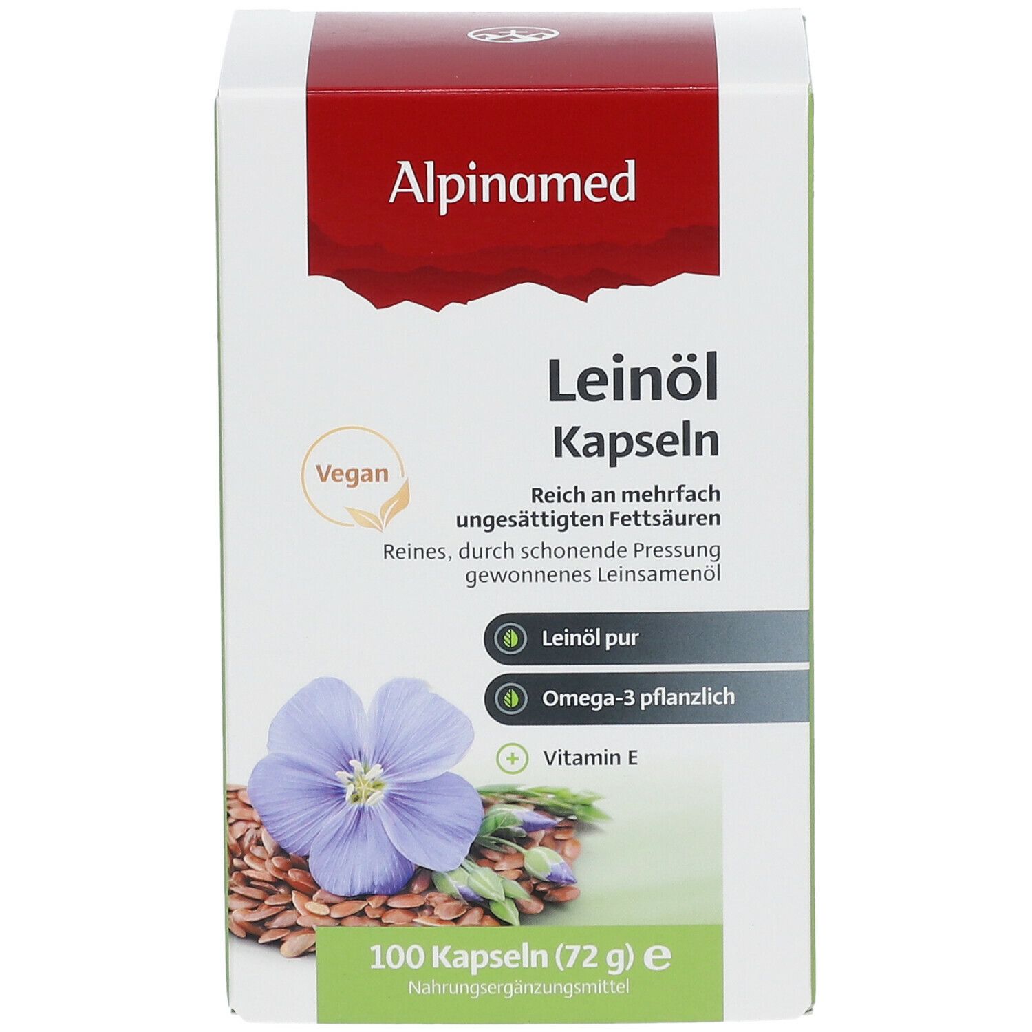 Alpinamed Leinöl Kapseln, 100 Kapseln. Vegan. Enthält Omega-3 und Vitamin E. Abbildung einer Blume und Leinsamen.