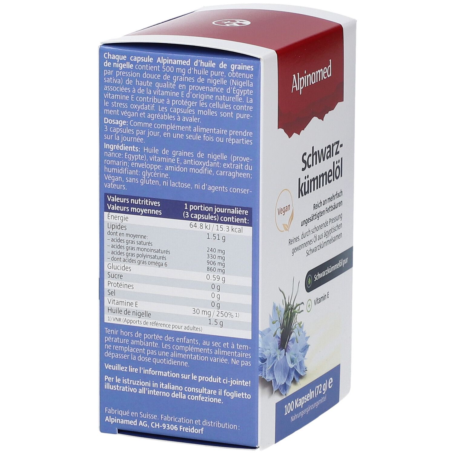 Karton mit Alpinamed Schwarzkümmelöl. Rückseite mit Text und Nährwertangaben. Vegan-Siegel. 100 Kapseln.