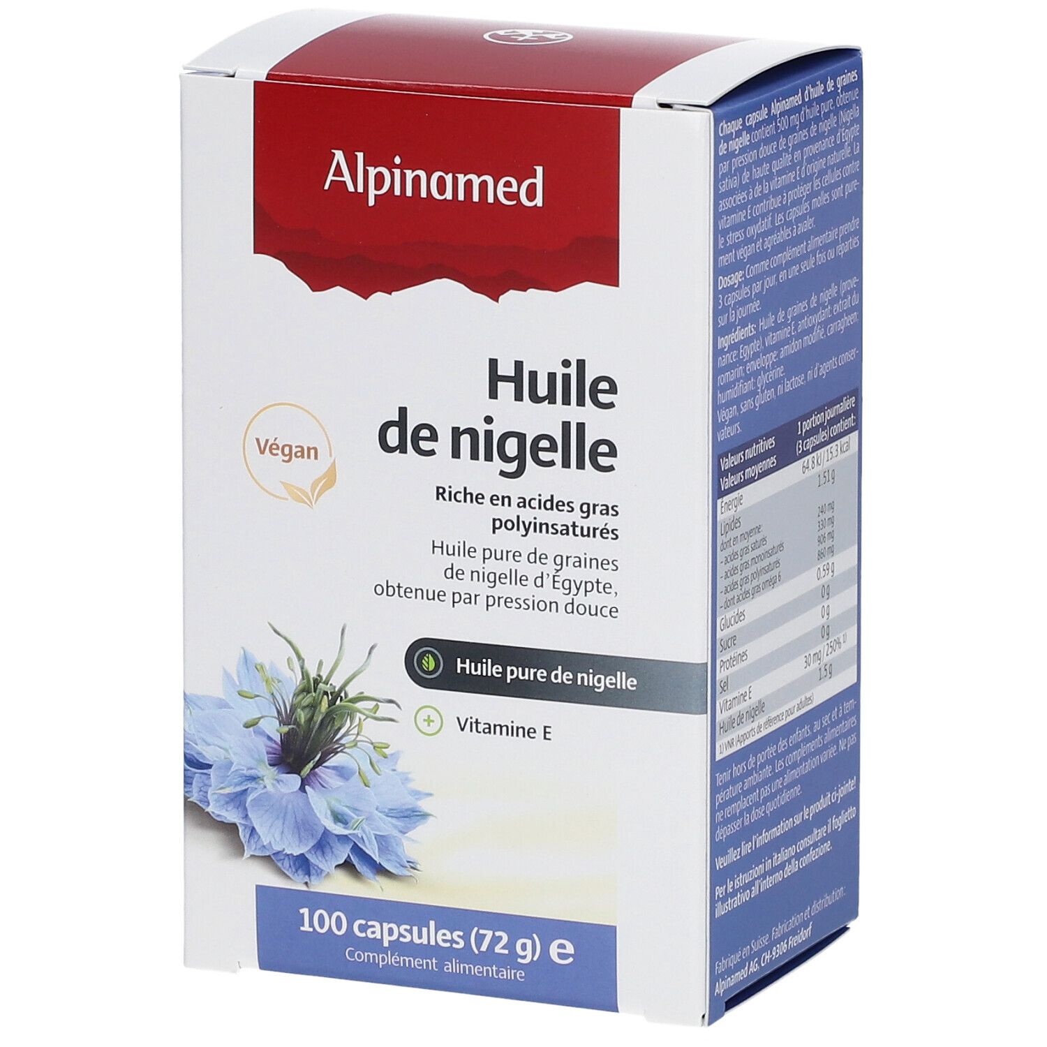 Karton mit Hülle de nigelle. Vegan-Siegel. 100 Kapseln. Text: Reich an mehrfach ungesättigten Fettsäuren.