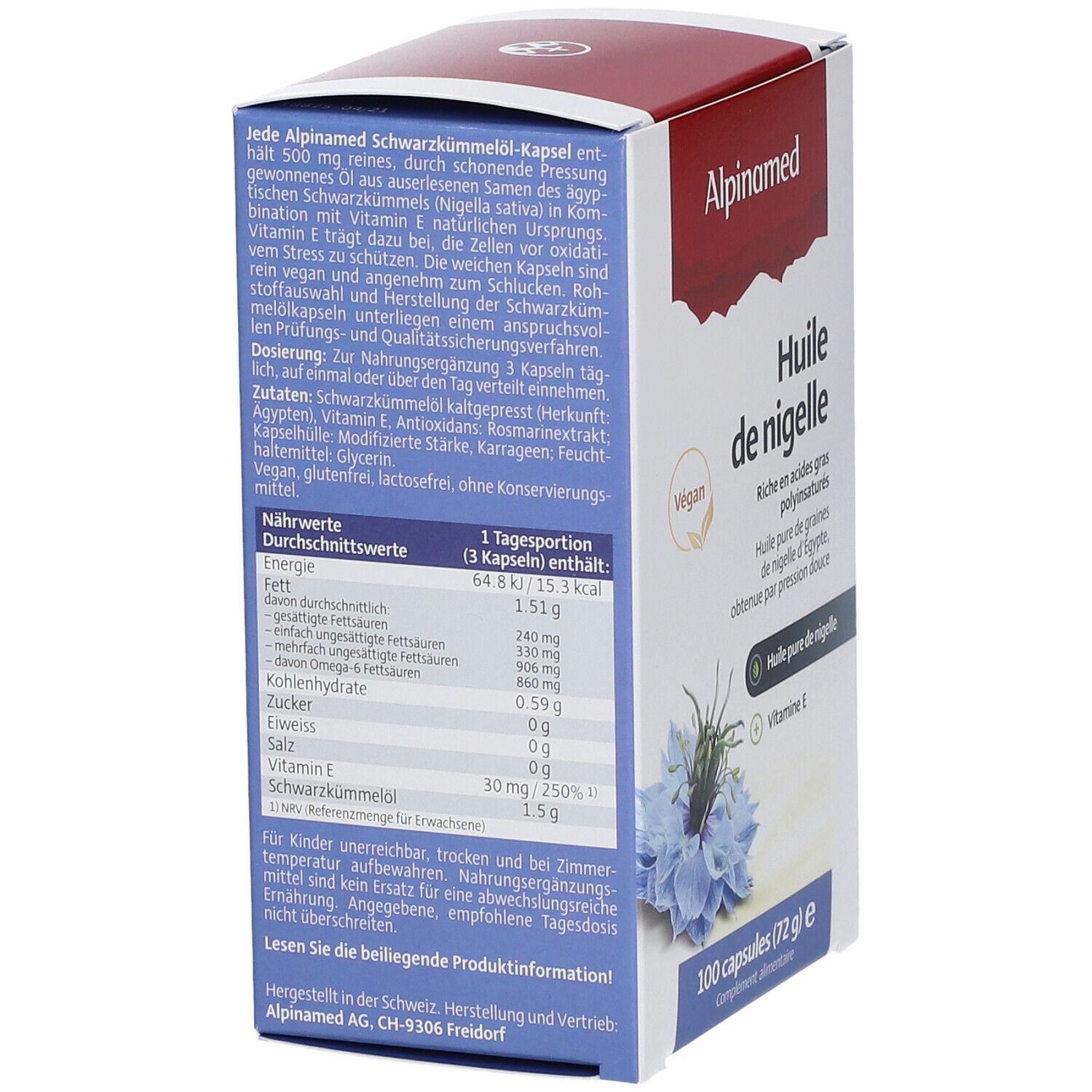Karton mit Hülle de nigelle. Rückseite mit Text und Nährwertangaben. Vegan-Siegel. 100 Kapseln.