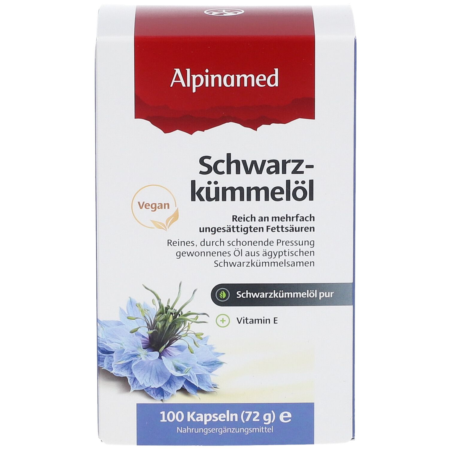 Weißer Karton mit Alpinamed Schwarzkümmelöl. Vegan-Siegel. 100 Kapseln. Text: Reich an mehrfach ungesättigten Fettsäuren.