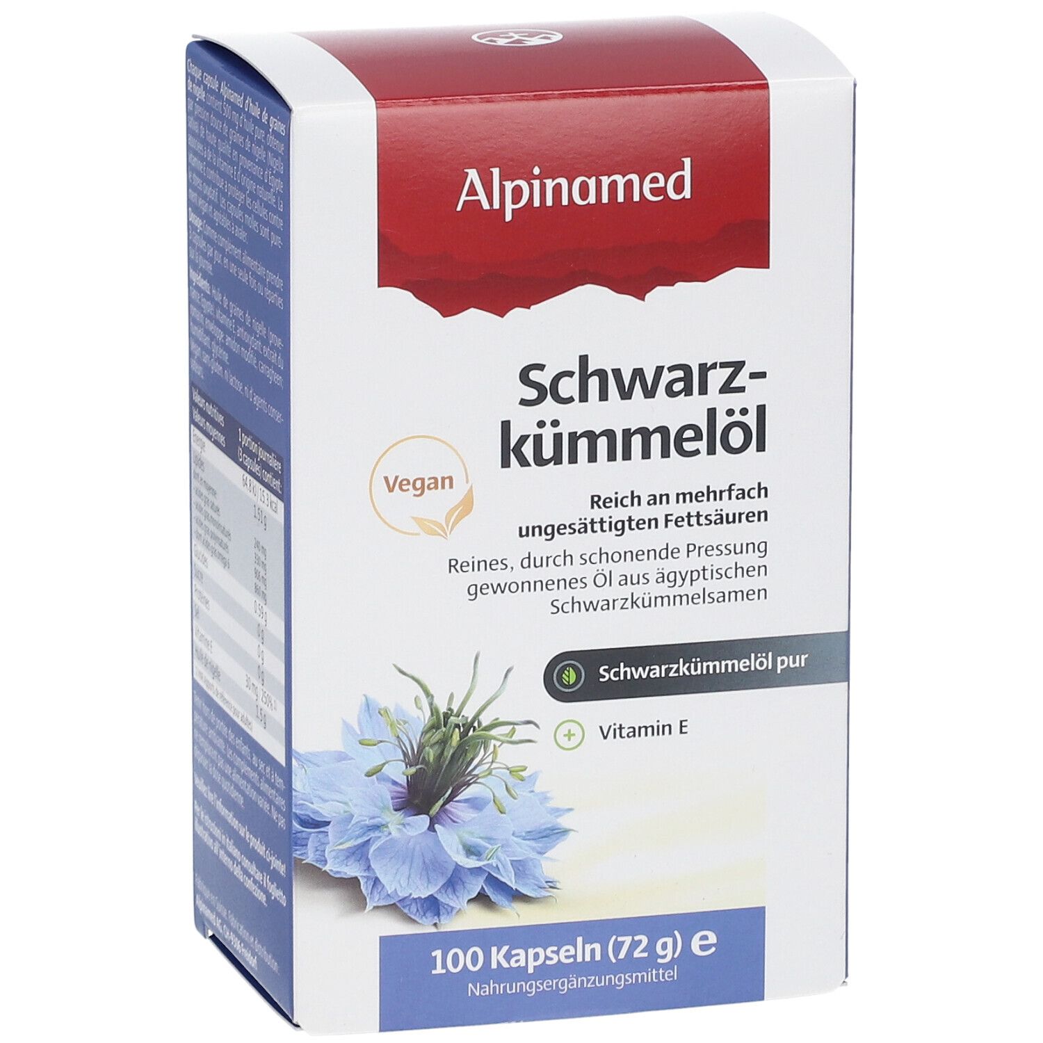 Weißer Karton mit Alpinamed Schwarzkümmelöl. Vegan-Siegel. 100 Kapseln. Text: Reich an mehrfach ungesättigten Fettsäuren.