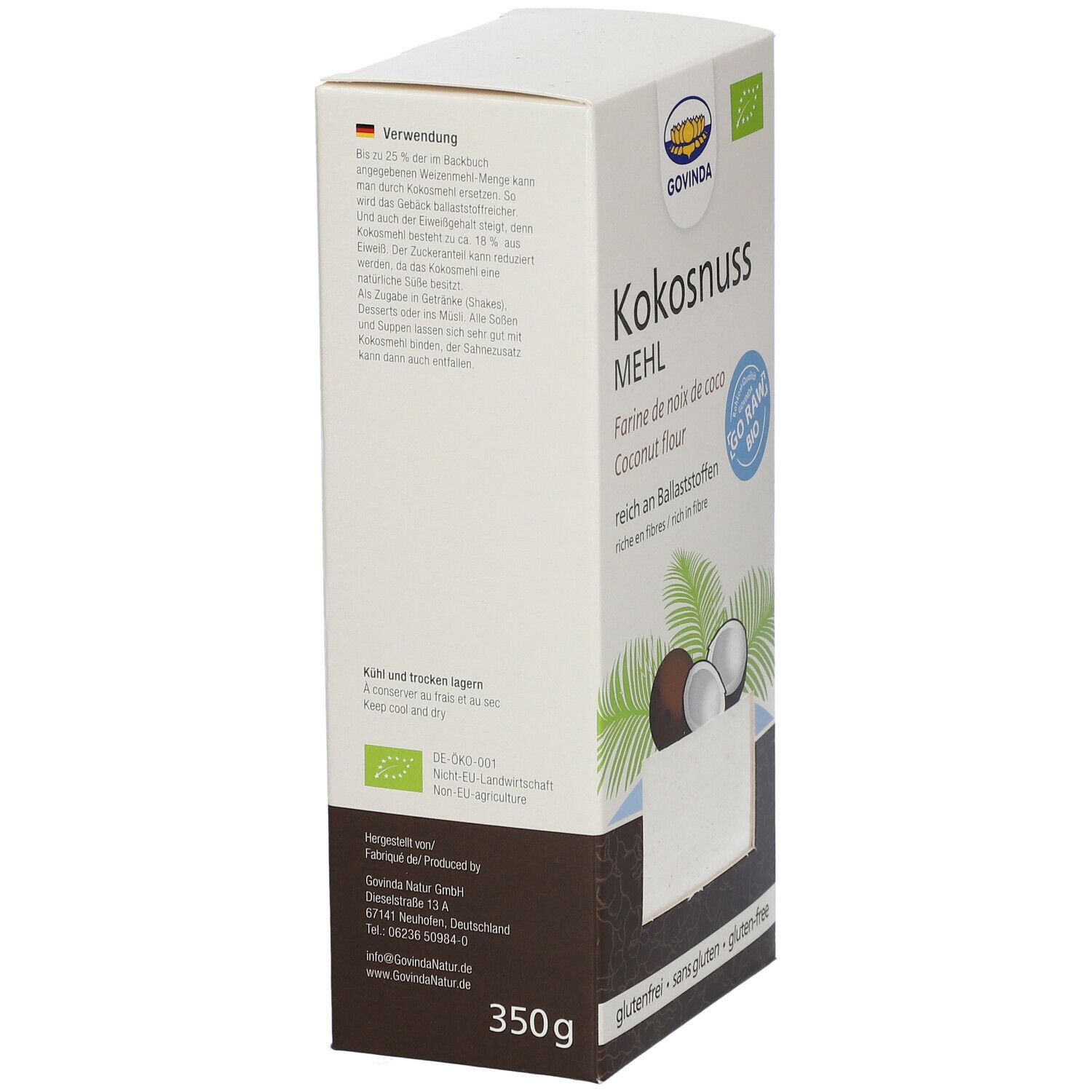 Karton mit Kokosnussmehl. Aufschrift: GOVINDA, Kokosnussmehl. Ansicht von der Seite. Bio-Siegel und 350g Gewicht.
