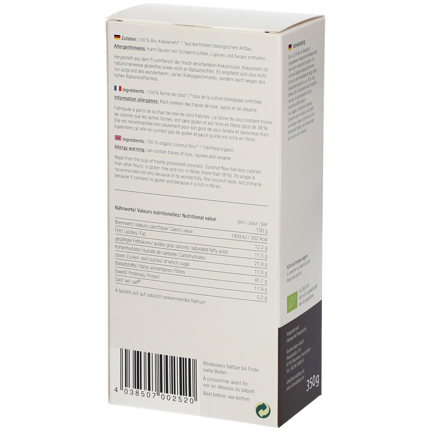 Rückseite der Kokosnussmehl-Verpackung. Enthält Nährwertangaben und Informationen zur Verwendung. Bio-Siegel und Barcode.
