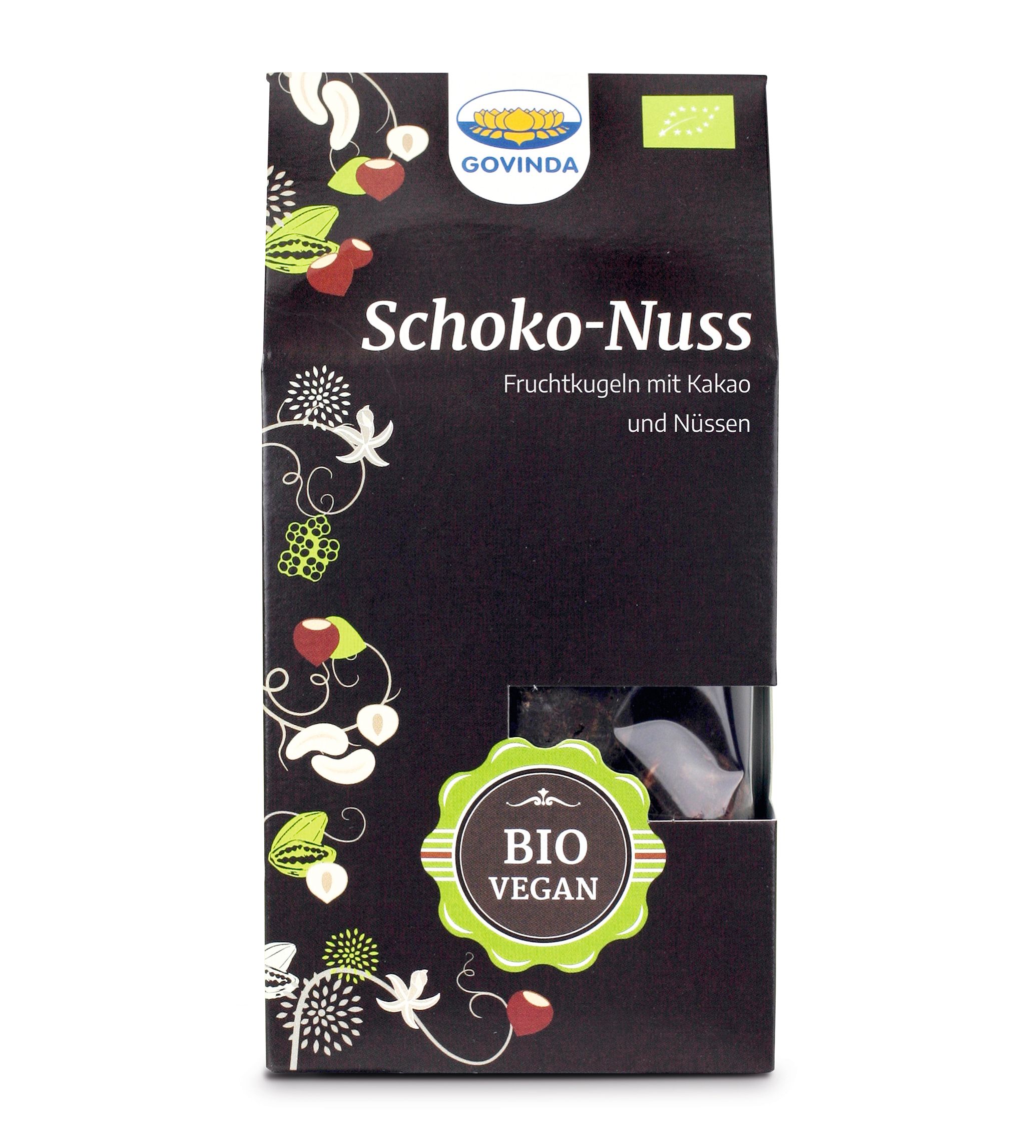 Schwarze Verpackung mit "Schoko-Nuss" Schriftzug. Bio-Siegel. Sichtfenster mit Produkt. Marke Govinda.