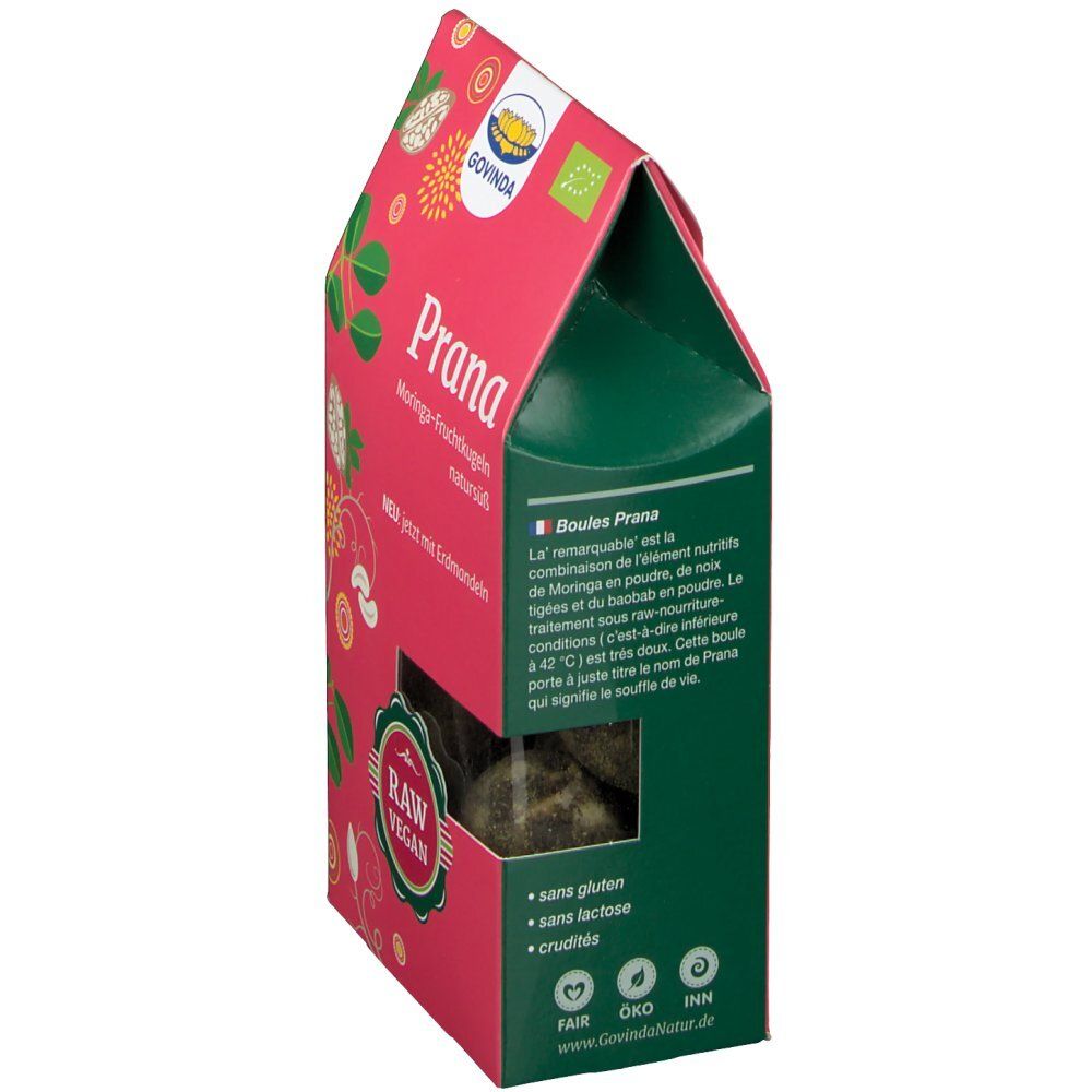Verpackung, Seite. Text: "Prana Moringa-Fruchtkugeln", glutenfrei, laktosefrei, Rohkost. Bio-Siegel.