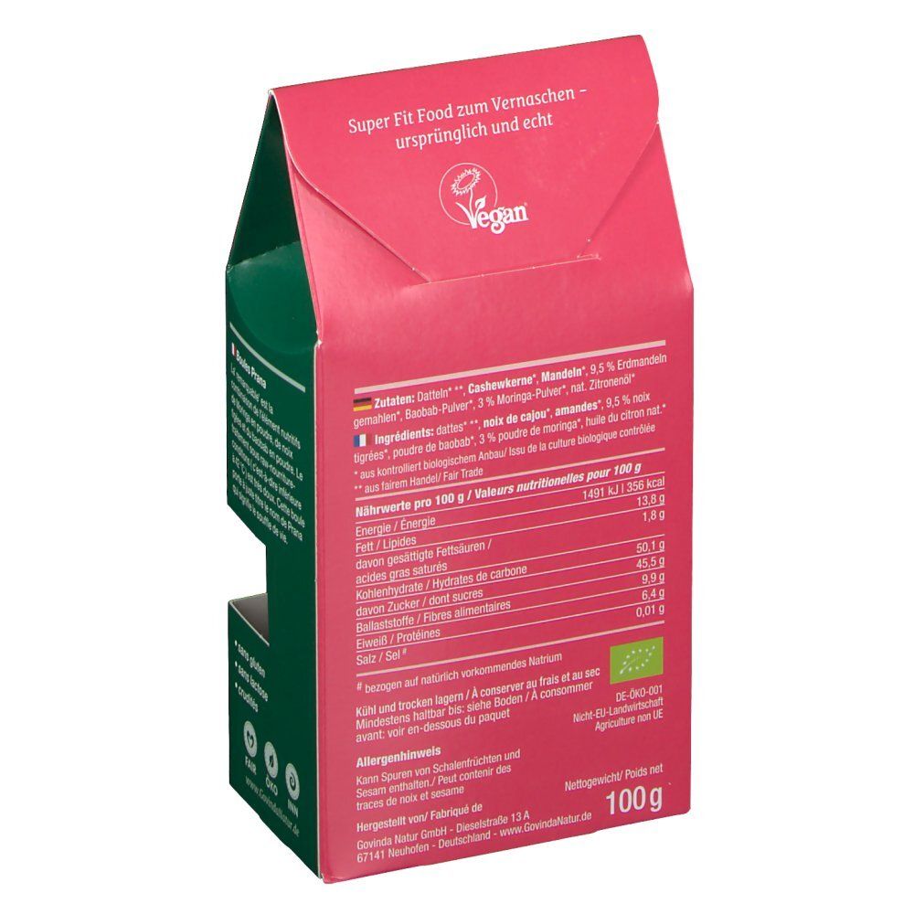 Rückseite der Verpackung. Text: Zutaten, Nährwertangaben, 100g. Bio-Siegel.