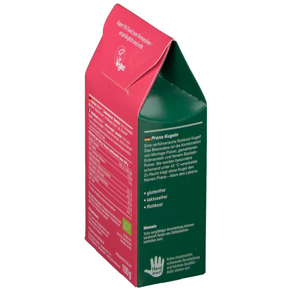 Seite der Verpackung. Text: "Prana Kugeln", glutenfrei, laktosefrei, Rohkost. Bio-Siegel.
