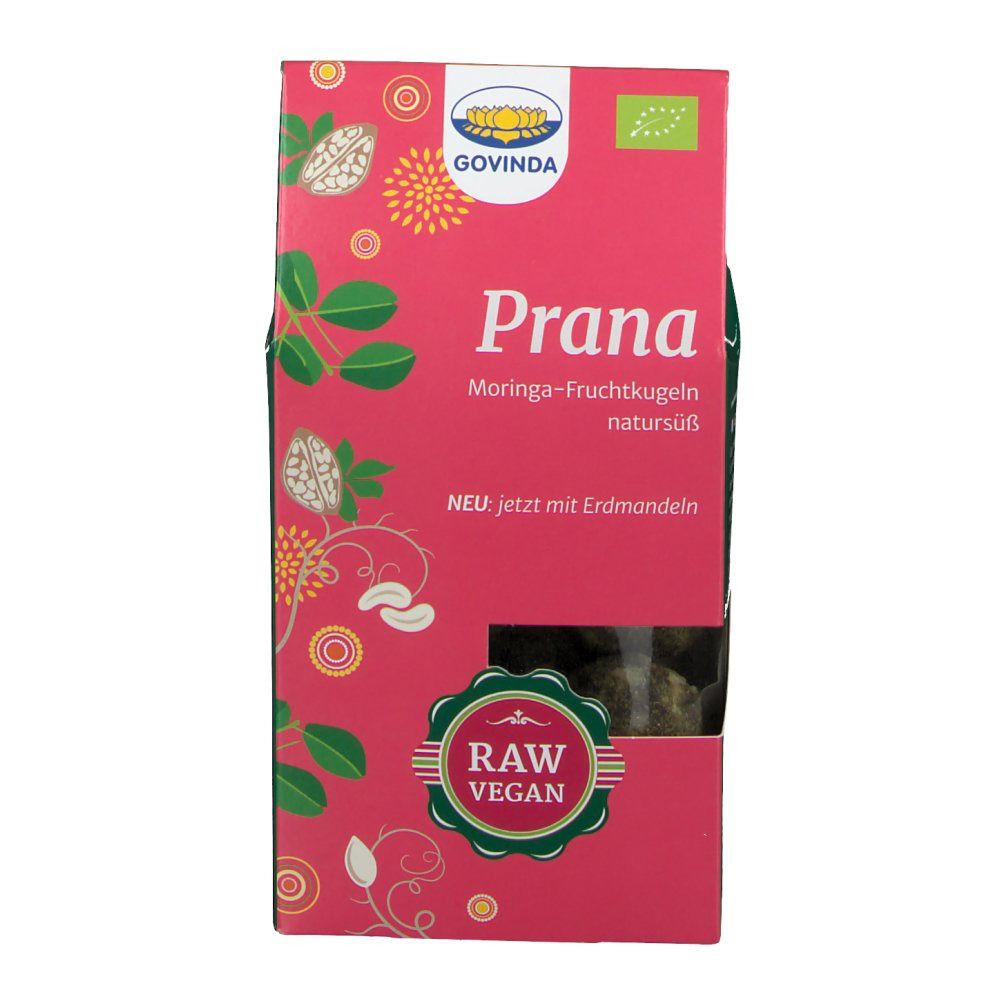 Rosa Verpackung mit Govinda-Logo und "Prana Moringa-Fruchtkugeln". Sichtbar: Raw Vegan Siegel und Produkt.