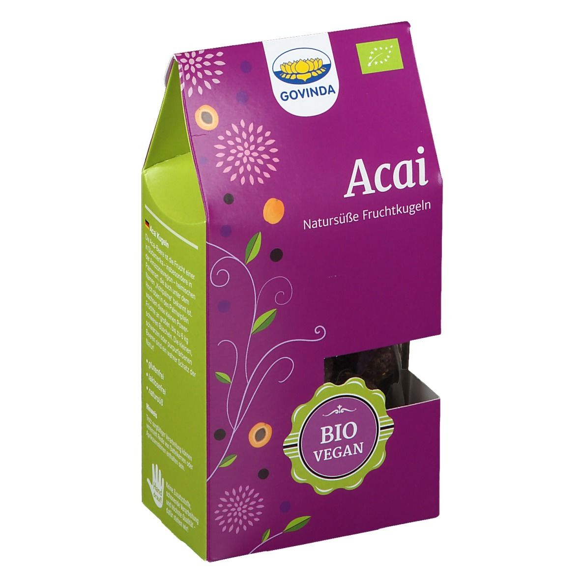 Verpackung mit Acai Kugeln. Lila-grüne Schachtel mit Logo, Schriftzug "Acai" und "Bio Vegan" Siegel. Sichtbare Kugeln.