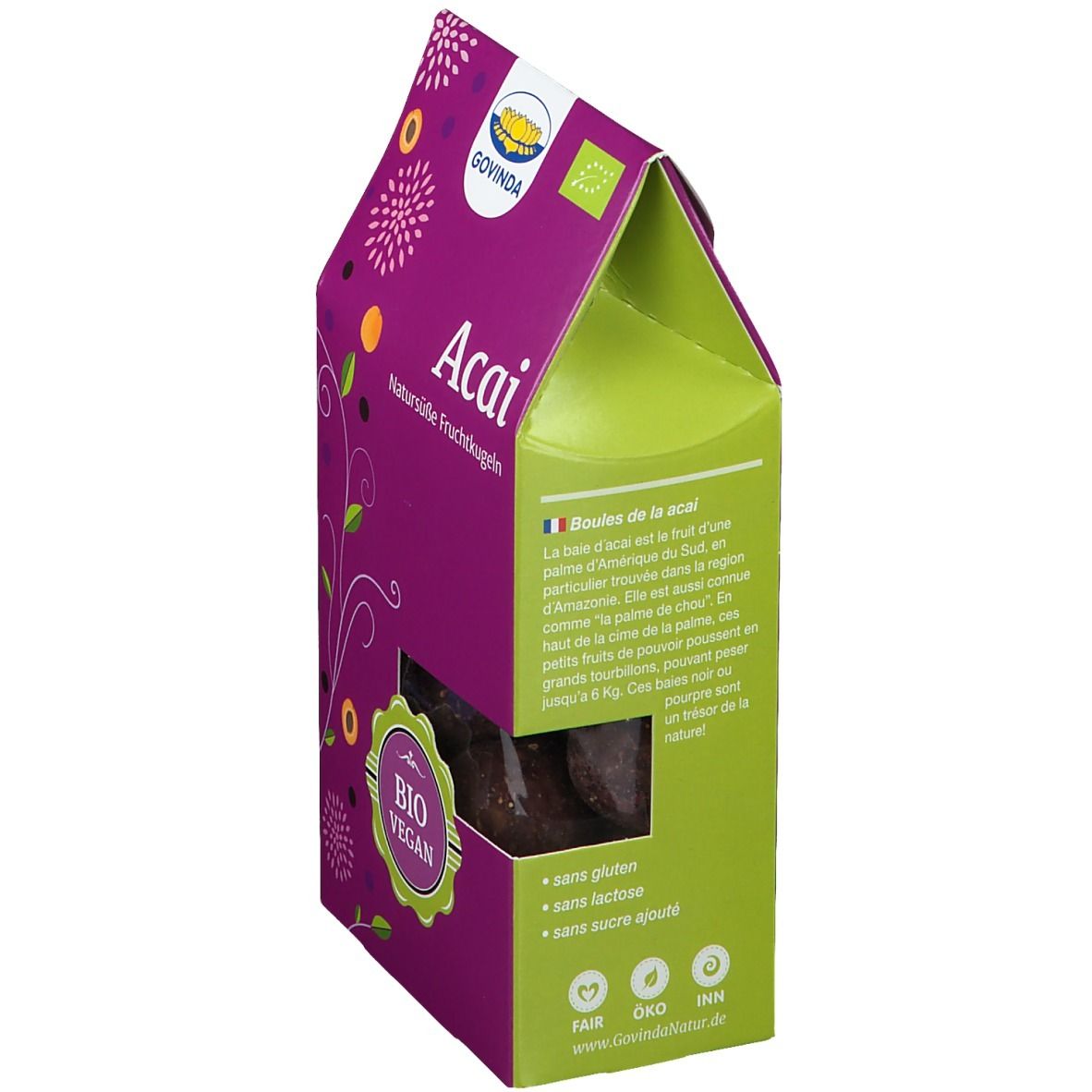 Rückseite der Acai Kugeln Verpackung. Text in Deutsch und Französisch. Siegel "Bio Vegan", "Fair Trade", "DKO" und "UNM".