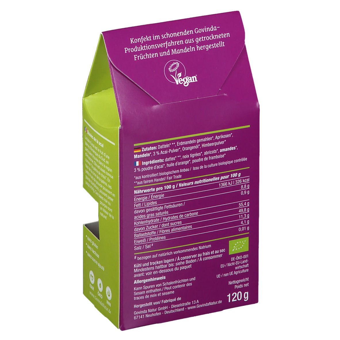 Rückseite der Acai Kugeln Verpackung. Zutatenliste, Nährwerttabelle und Text in Deutsch und Französisch. Vegan-Siegel.