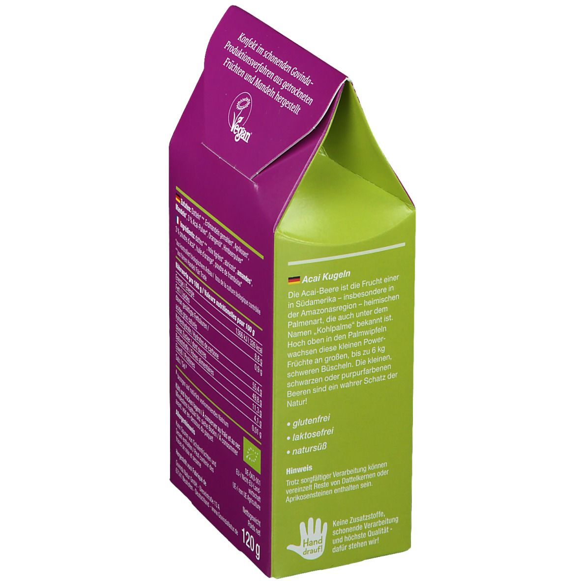 Seite der Acai Kugeln Verpackung. Text in Deutsch. Siegel "glutenfrei", "laktosefrei", "natürlich". Gewicht: 120g.