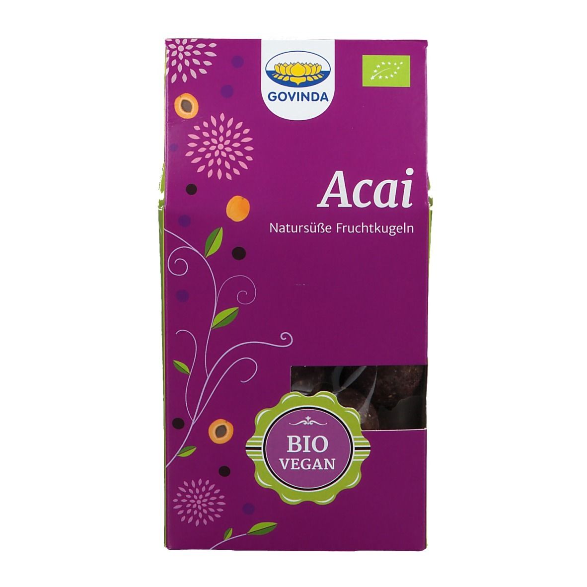 Vorderansicht der Acai Kugeln Verpackung. Lila-grüne Schachtel mit Logo, Schriftzug "Acai" und "Bio Vegan" Siegel. Kugeln sichtbar.
