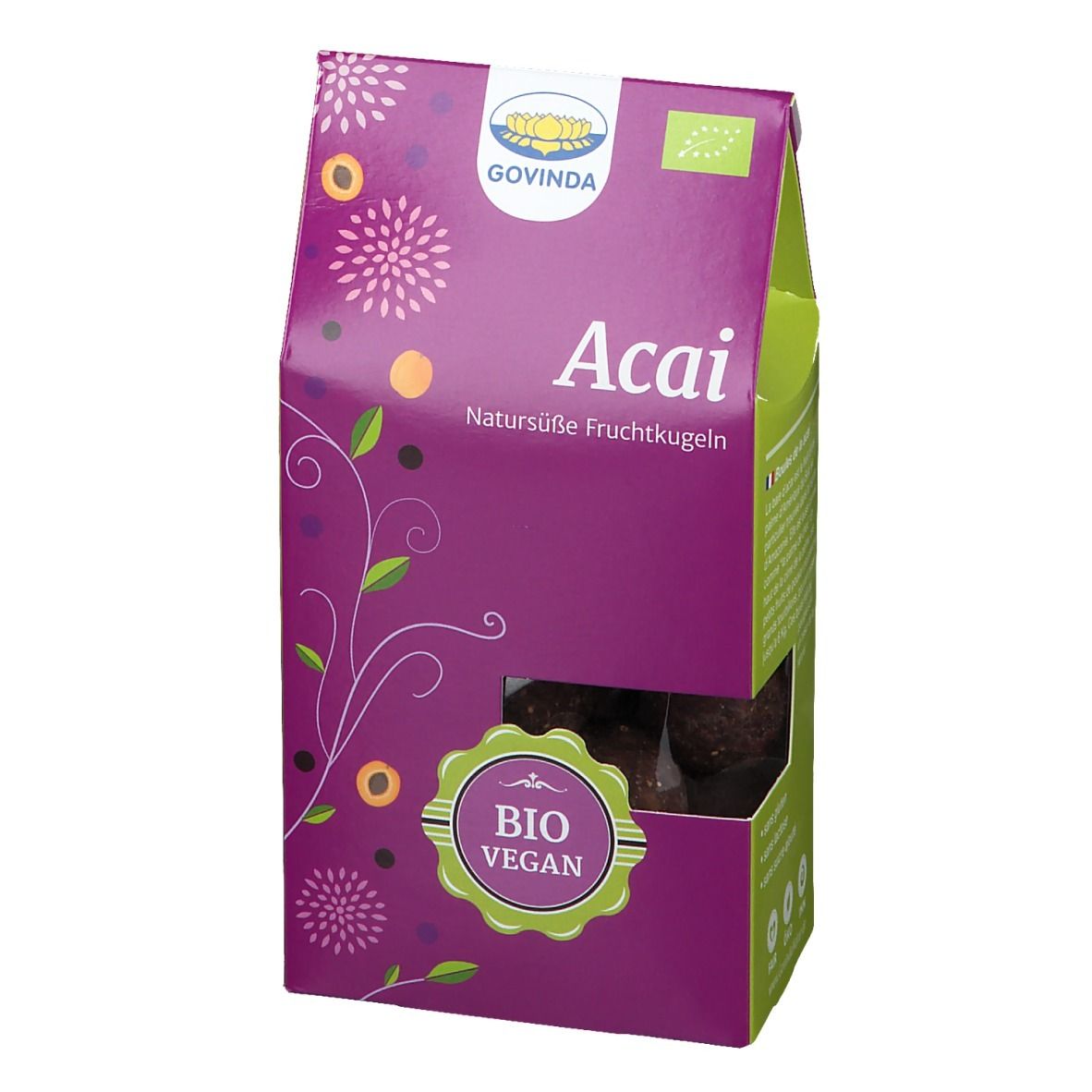 Verpackung mit Acai Kugeln. Lila-grüne Schachtel mit Logo, Schriftzug "Acai" und "Bio Vegan" Siegel. Sichtbare Kugeln.