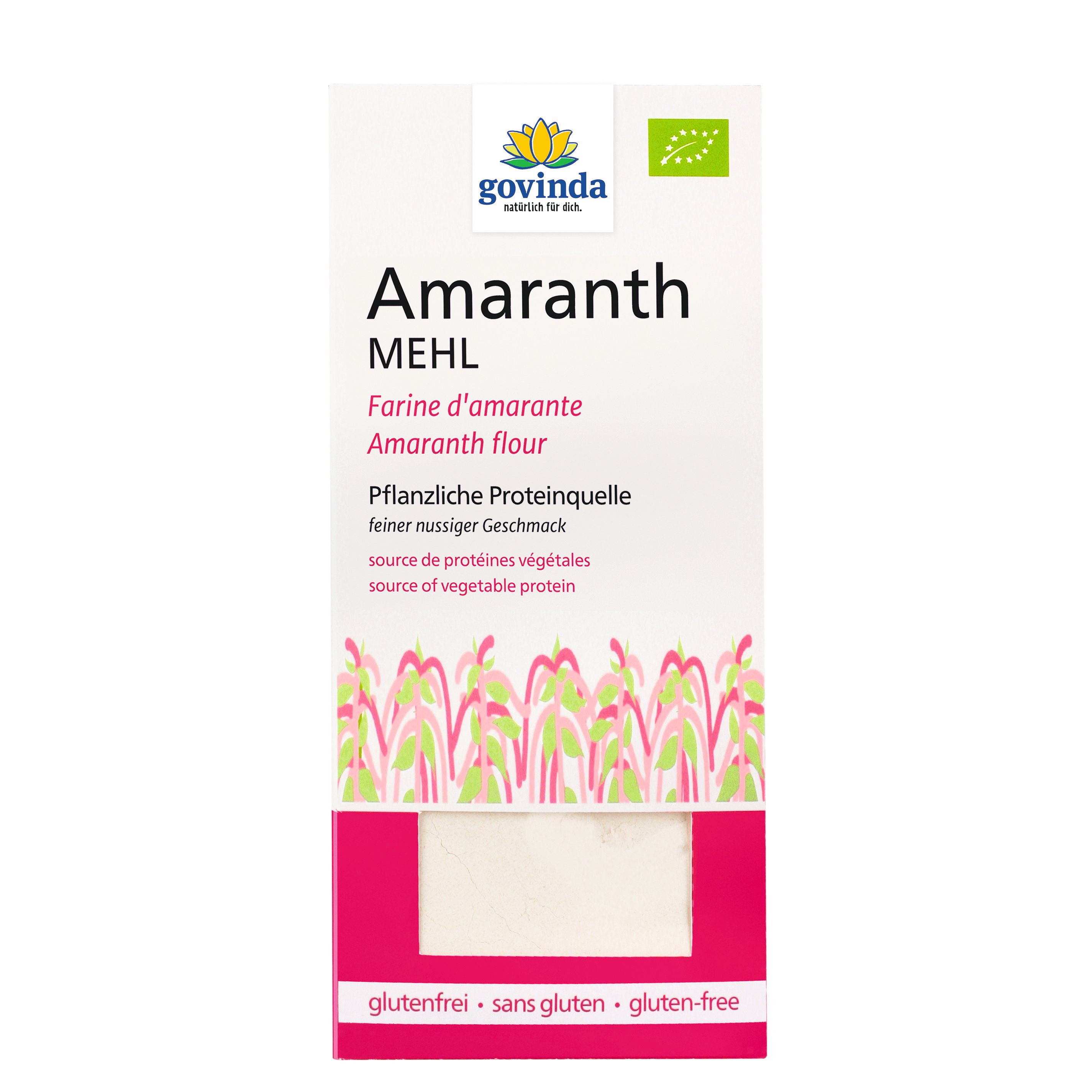 Govinda Amaranth Mehl-Packung. Weißes Pulver in einer rechteckigen Verpackung. Text: Amaranth Mehl, glutenfrei, pflanzliche Proteinquelle.