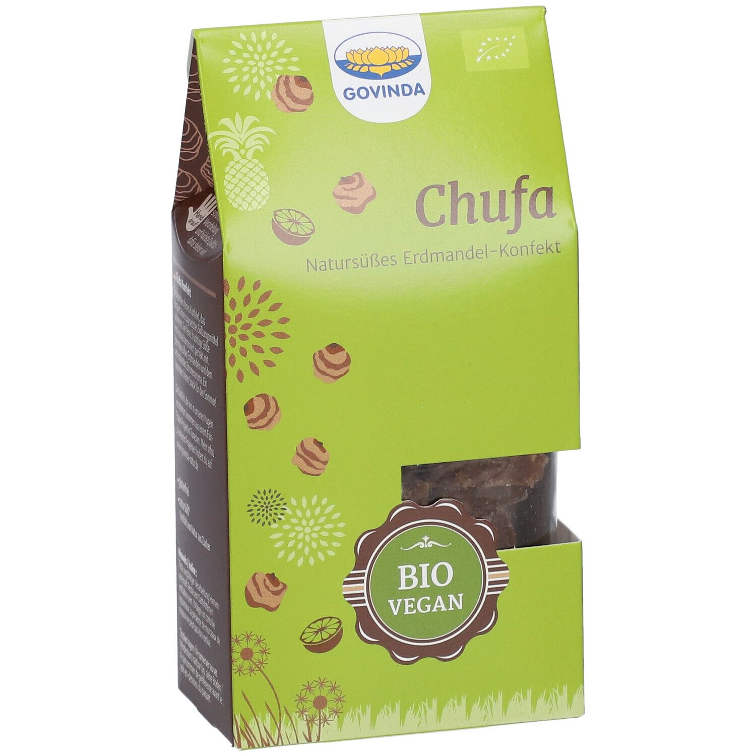 Schräg gestellte grüne Verpackung mit "Govinda"-Logo und "Chufa" Schriftzug. "Bio Vegan" Siegel. Sichtfenster.