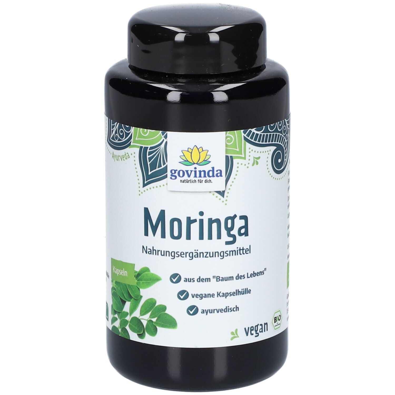 Schwarze Flasche mit Govinda Moringa Kapseln. Aufschrift: Moringa Nahrungsergänzungsmittel, vegan, ayurvedisch.