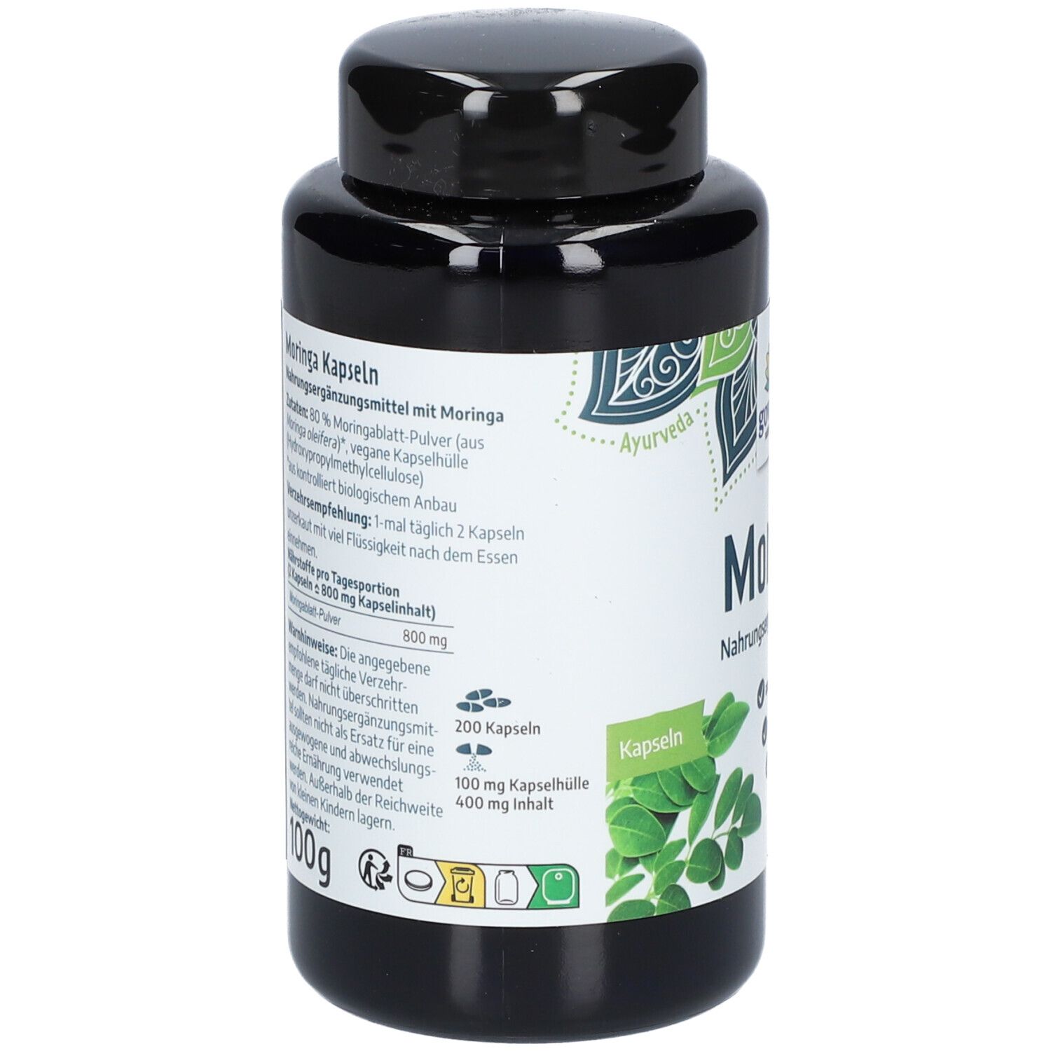 Rückseite der schwarzen Flasche mit Govinda Moringa Kapseln. Angaben zu Inhaltsstoffen, Dosierung und Gewicht.